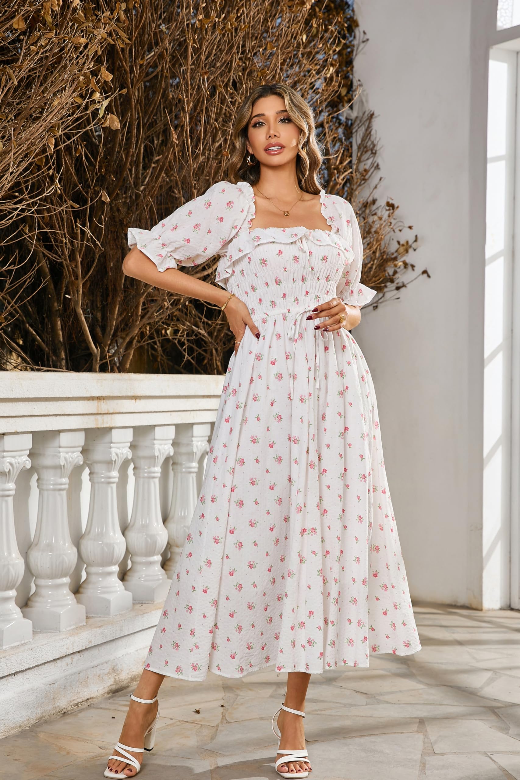 R.Vivimos Robes à Demi-Manches Slim à Pois pour Femmes col carré Robe Midi Longue