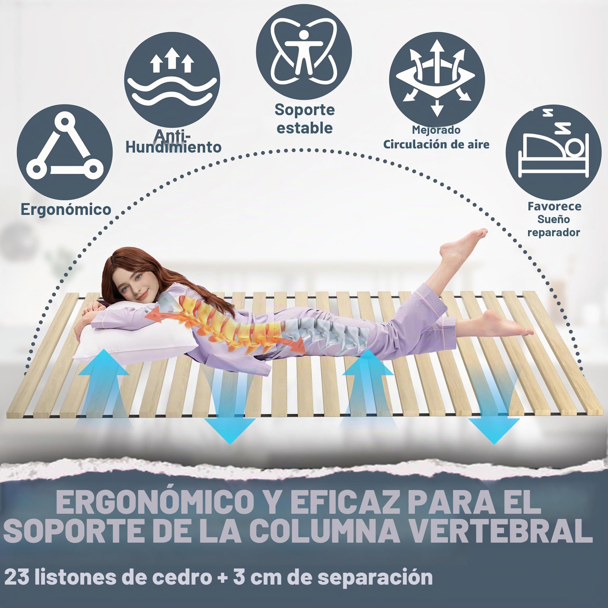 UISEBRT Somier enrollable de madera de abeto, 23 listones, 140 x 200 cm, listones de madera con goma negra, apto para todo tipo de colchones, capacidad de carga de hasta 300 kg