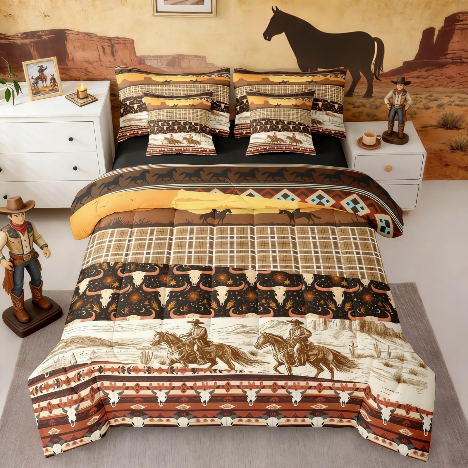 Horse Decor Western Comforter Set 7 Piece Bed in a Bag Twin Cow Skull Bedding Sets Cowboys Geometric Aztec Comforter and Sheet Set,Bull Longhorn Skull Bed Sets,Rustic Buffalo Plaid Farmhouse Decor