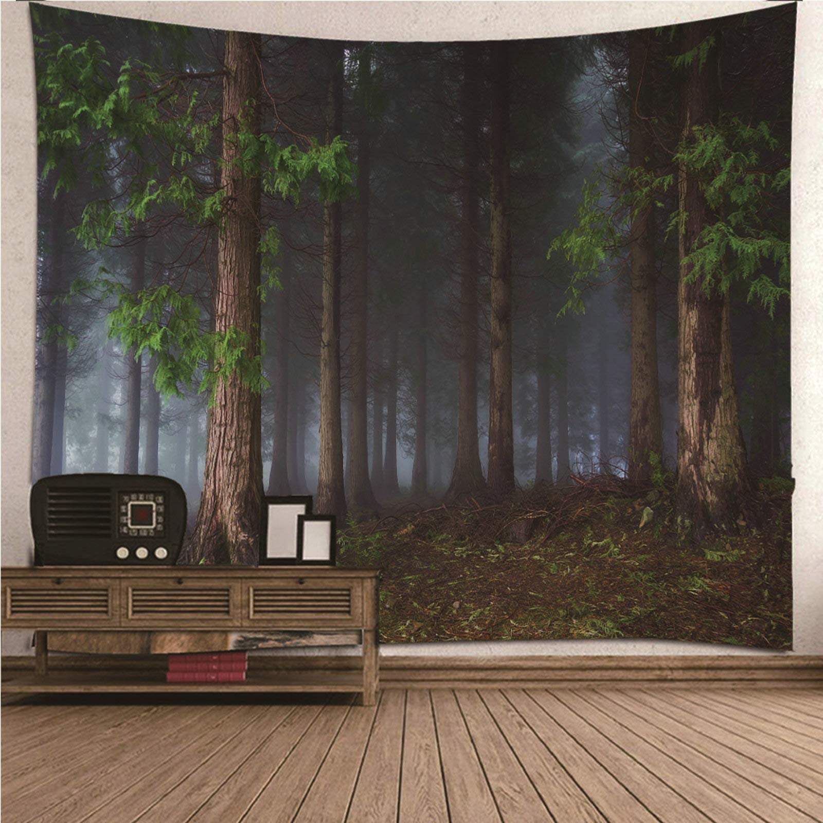 EHOMERY Indie Tapestry Mini Aesthetic Green Brown Forest Fog Wall Hanging Blanket Living Room Bedroom Art Décor 150X130Cm