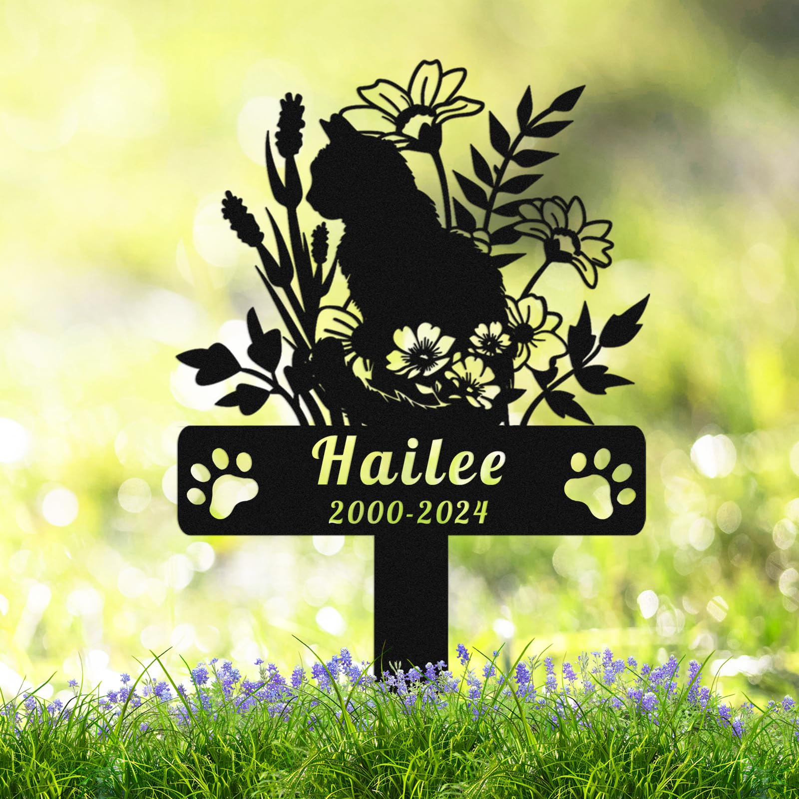 Custom Flowers Cat Memorial Grave Marker Metal Yard Stake, Personalized Pet Name Garden Sign, Loss Remembrance Customized Flowers Marker