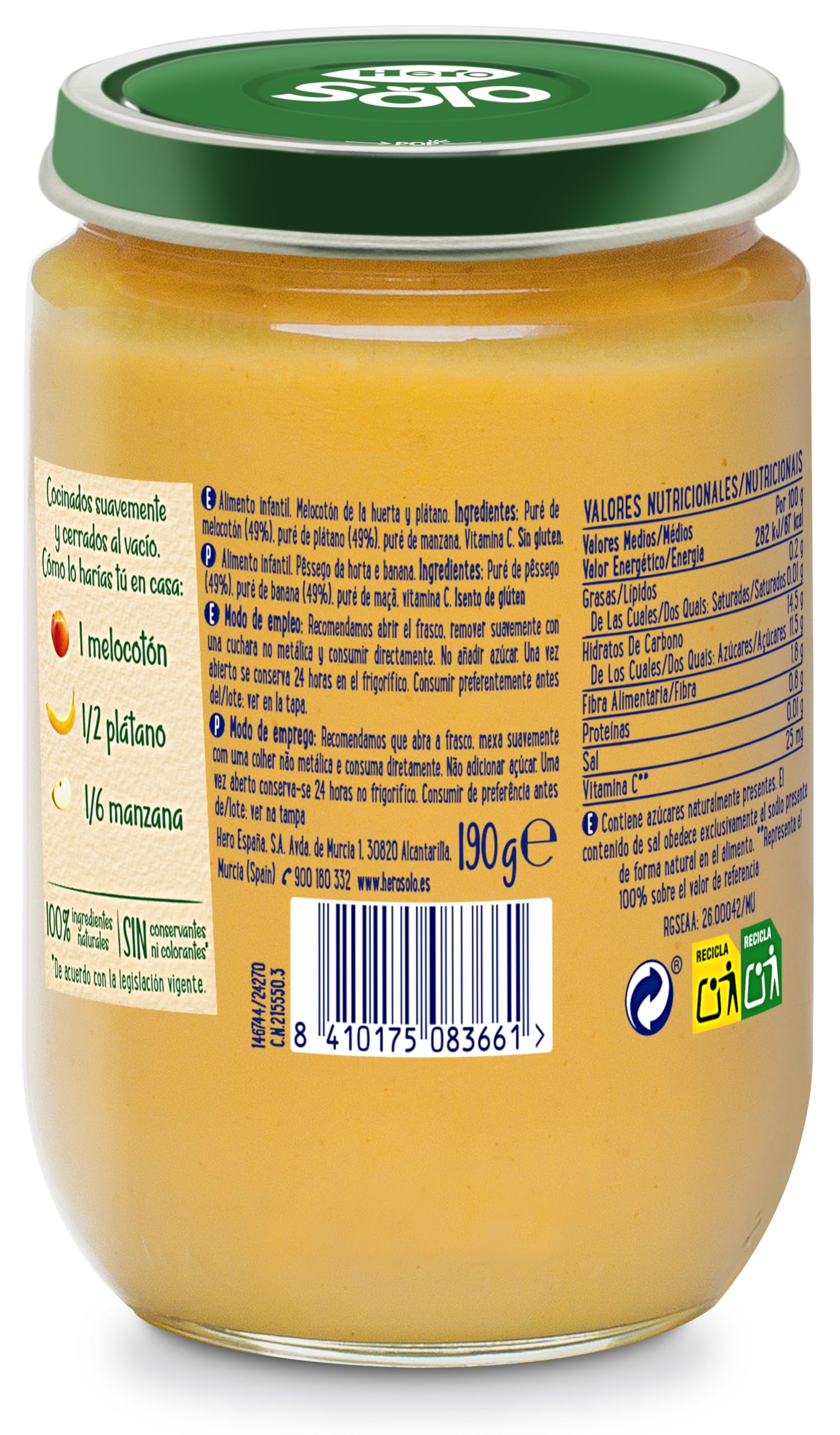 Hero Baby Tarritos de Melocotón y Plátano 190g para bebés desde 4 meses