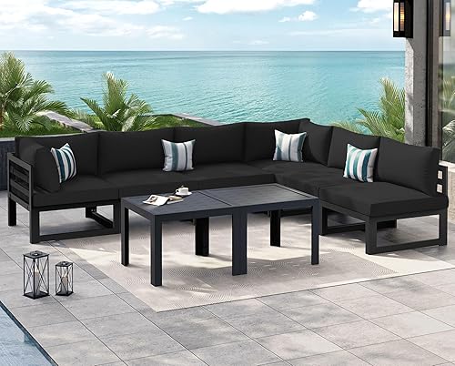 Miniatura 680 de NICESOUL 7 Piece White Powder-Coated Aluminum Patio Furniture with Fire Pit Table, 29 Inch Extra Wide Outdoor Sectional Sofa for 6, High-End Heavy