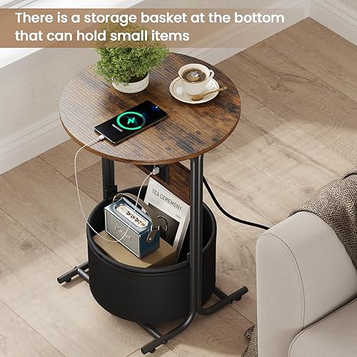 Miniatura 5 de Mesa auxiliar redonda con estación de carga y cesta de almacenamiento, mesa auxiliar pequeña para sofá, mesitas de noche para sala de estar,