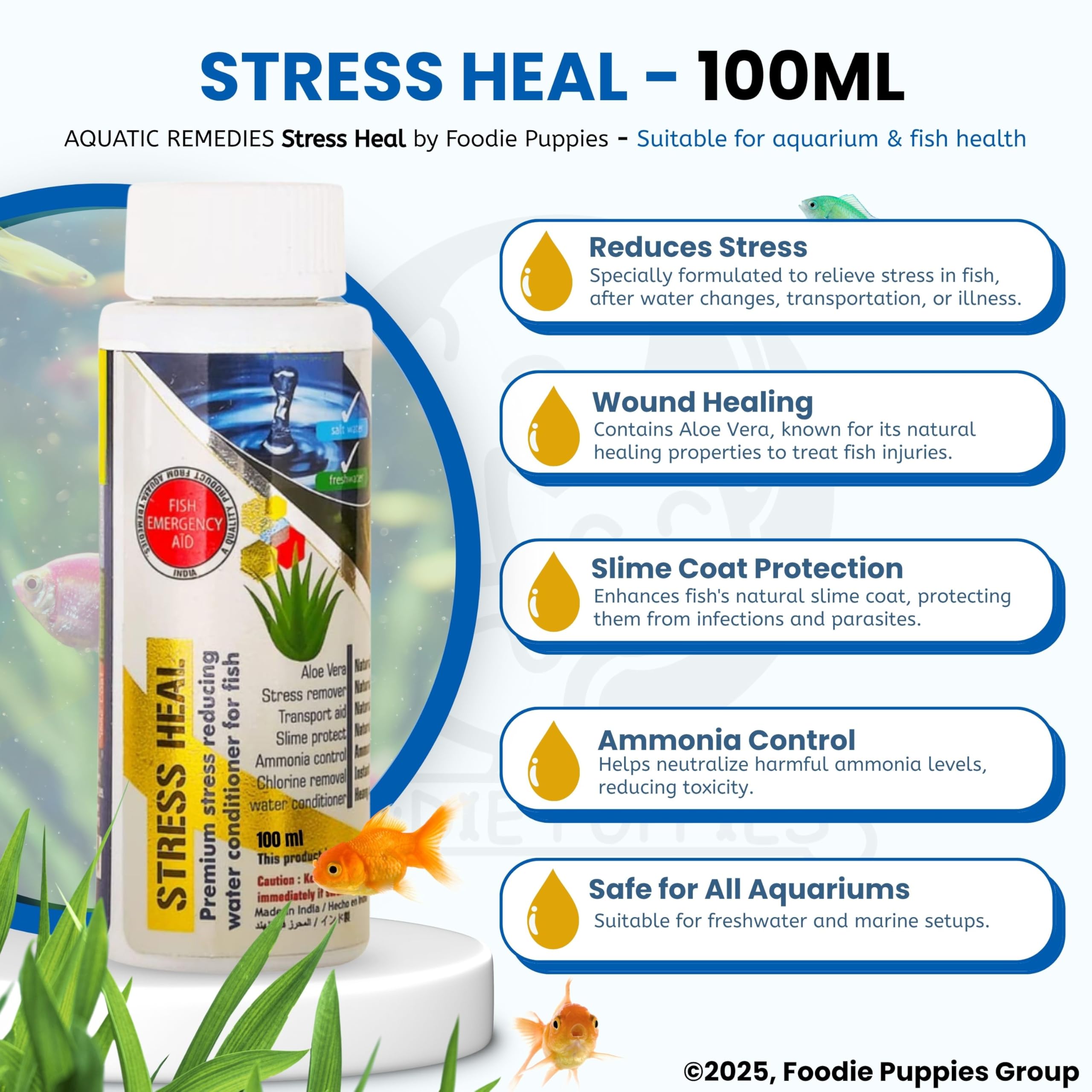 Foodie Puppies Aquatic Remedies Stress Heal - 100ml | Suitable for Fresh and Salt Water | Rapidly Reduces Stress and Mortality | Aquarium Water Conditioner 1
