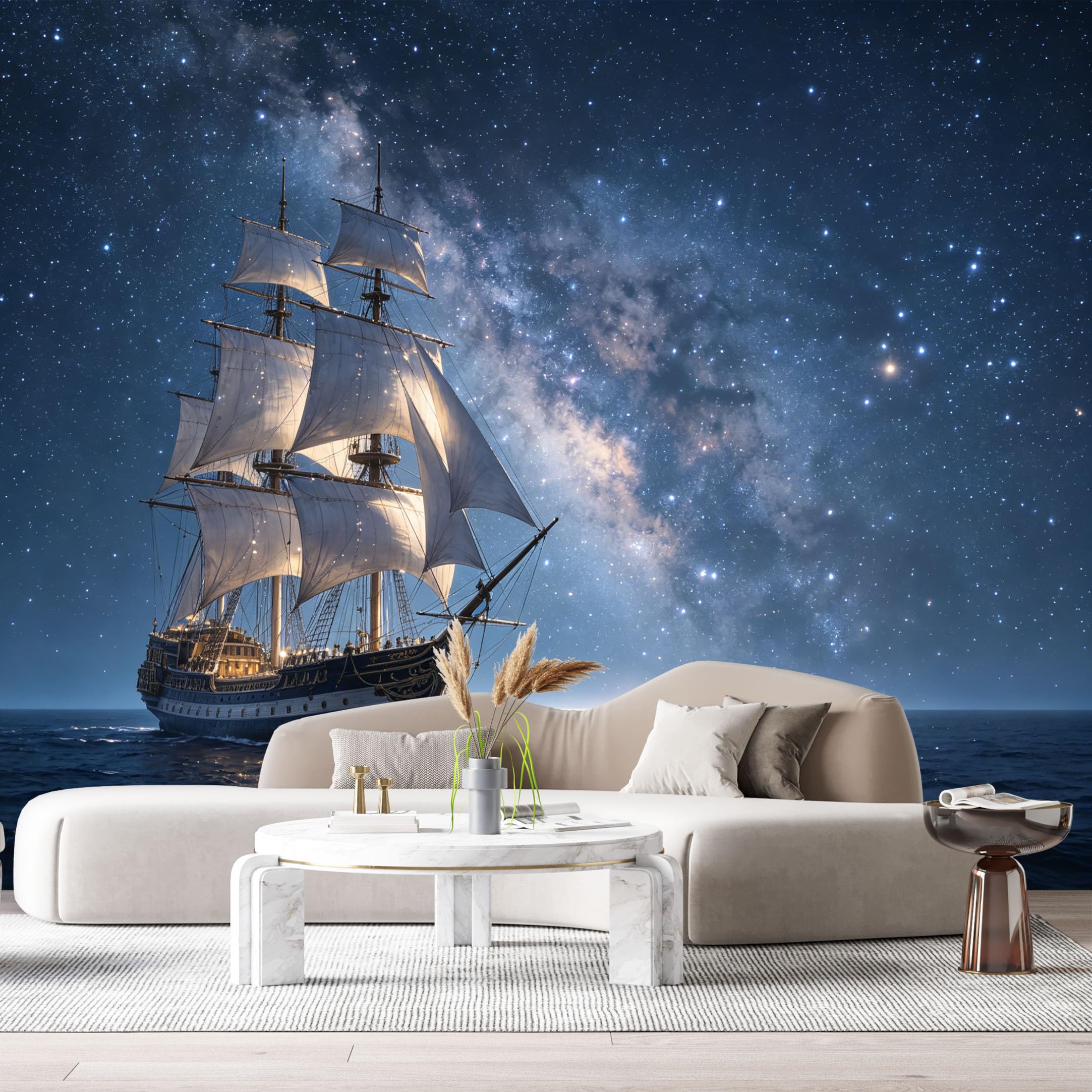 Custom Size Wall Murals Night Ocean Landscape Milky Way Galaxy Sailing Ship SelfAdhesiveWall Fabric Removable Wallpaper Wall Decor for Living Room Bedroom Bathroom