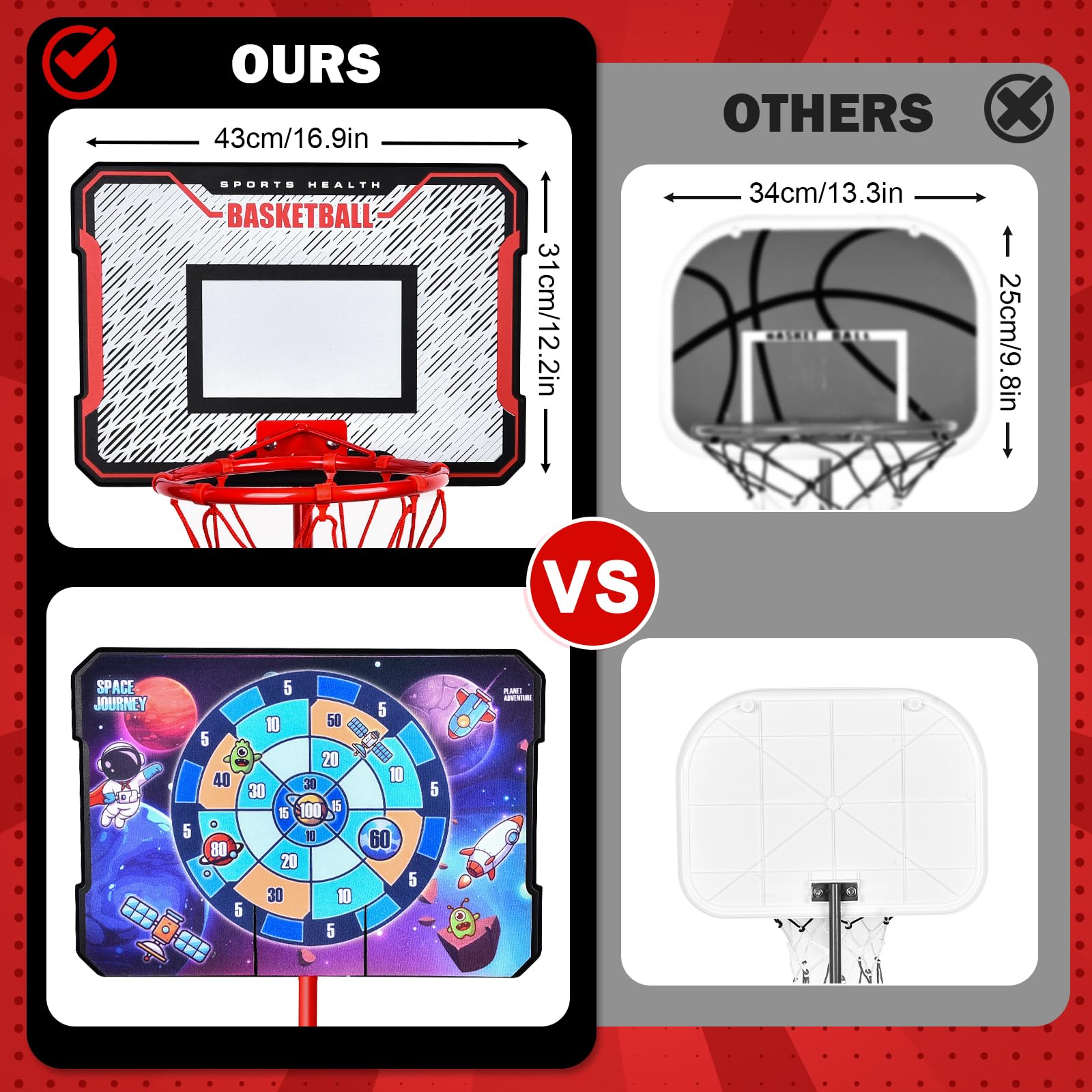 Herenear Canasta de Baloncesto para Niños, Altura Ajustable 107-193 cm, 2 en 1 Baloncesto y Dardos, Interior y Exterior, Portátil con Base Ponderada, para Niños de 3 a 8 Años