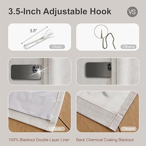 Miniatura 5 de Natural Linen Blend Double Layer Full Blackout Pinch Pleated Curtains 2 Panels 40"Wx84"L Thermal Insulated Back Tab Drapes with Adjustable Hooks &