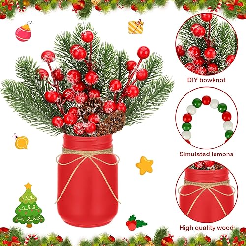 Miniatura 3 de Jexine 12 piezas de centros de mesa de tarro de masón de Navidad con cono de pino rojo nieve artificial de bayas rojas y verdes, decoración de
