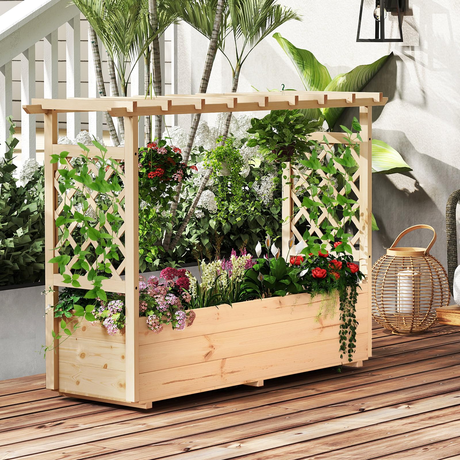 HOMASIS Jardinière Surélevée avec Treillis & Etagère de Toit, Lit de Jardin en Bois avec Trous de Drainage, Bac à Fleurs pour Plantes Grimpantes, Légumes, Fleurs, Herbes pour Extérieur (Grand)