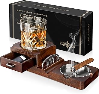 Grovind Cigar Ashtrays, Whiskey Glass Tray and Wooden Ash Tray Detachable Outdoor Ashtray for Cigarettes, Gift Set with Cigar Cutter, Great Decor for Home Office Gifts for Men