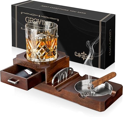 Grovind Ceniceros para puros, bandeja para vaso de whisky y bandeja de ceniza de madera, cenicero desmontable para exteriores para cigarrillos,