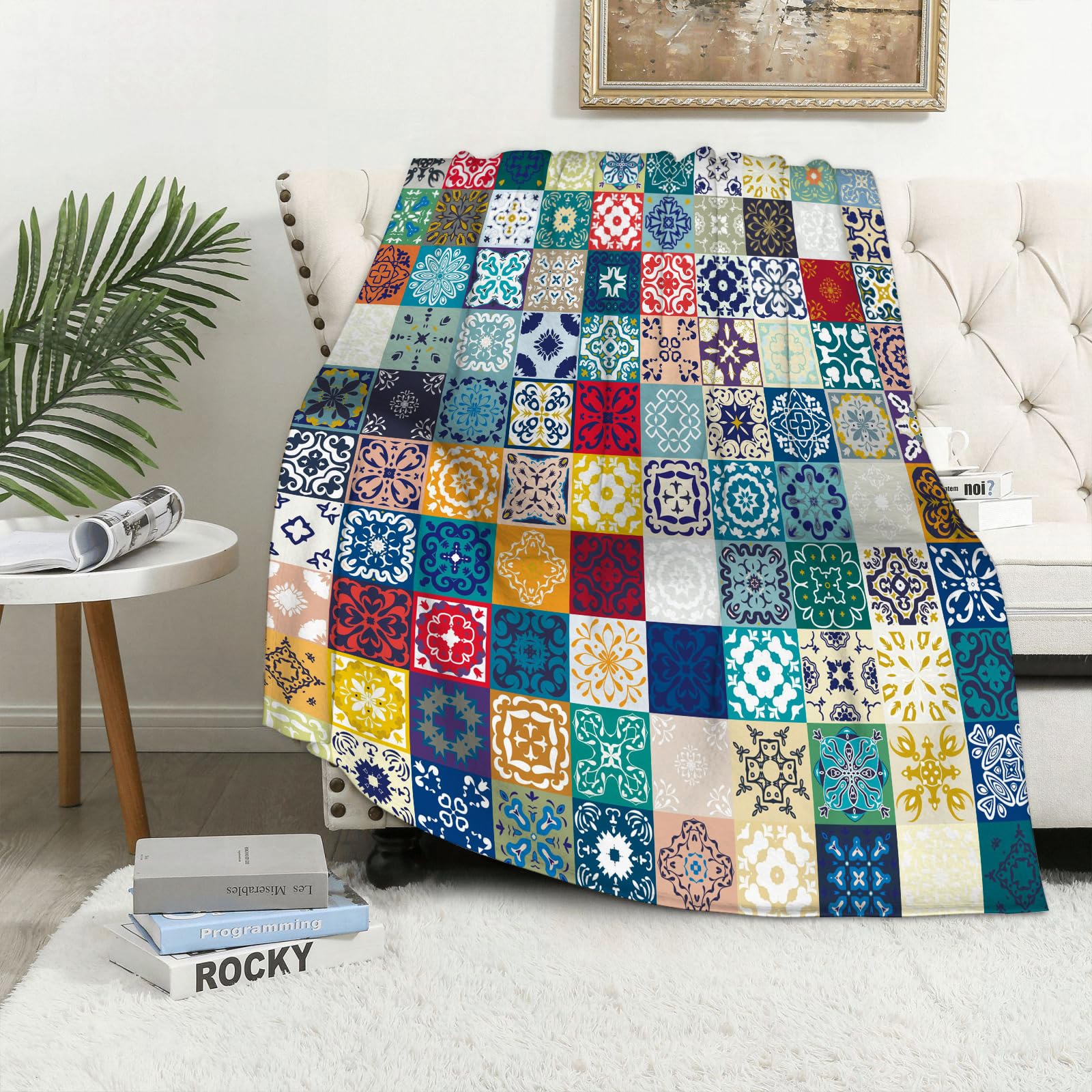 MAAPCHP Flannel Fleece Blanket Throws for Sofa Fluffy Blanket Bed Throw for Bedroom Mega Gorgeous seamless patchwork pattern from colorful Moroccan Portuguese tiles Blanket for Bed, Couch,Car 60x80in