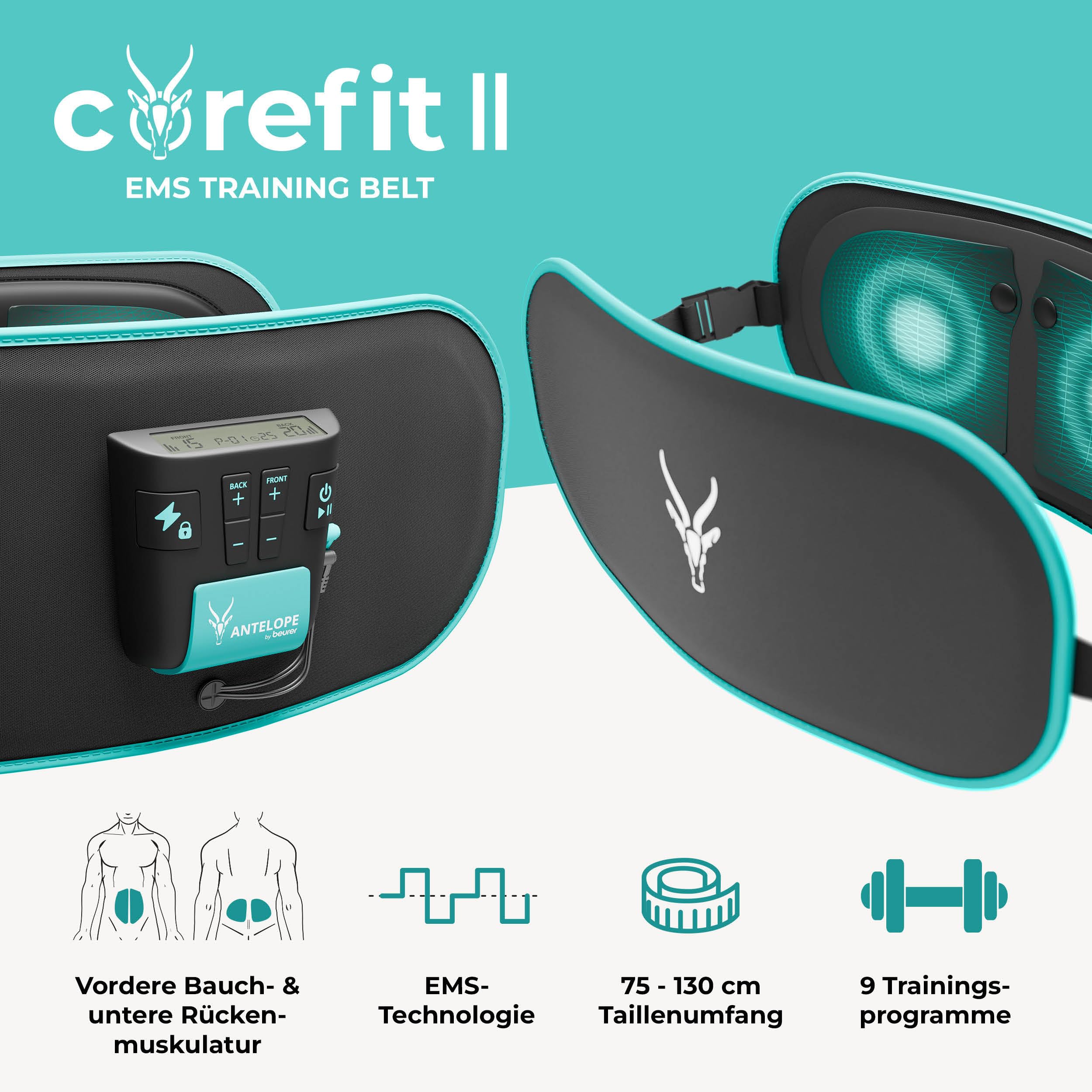 Beurer Corefit II by Antelope EMS-Trainingsgürtel, gezielte Stimulation der Bauch- und Rückenmuskulatur, effektiv für Muskelaufbau & Fettverbrennung, 9 Trainingsprogramme, für Männer und Frauen