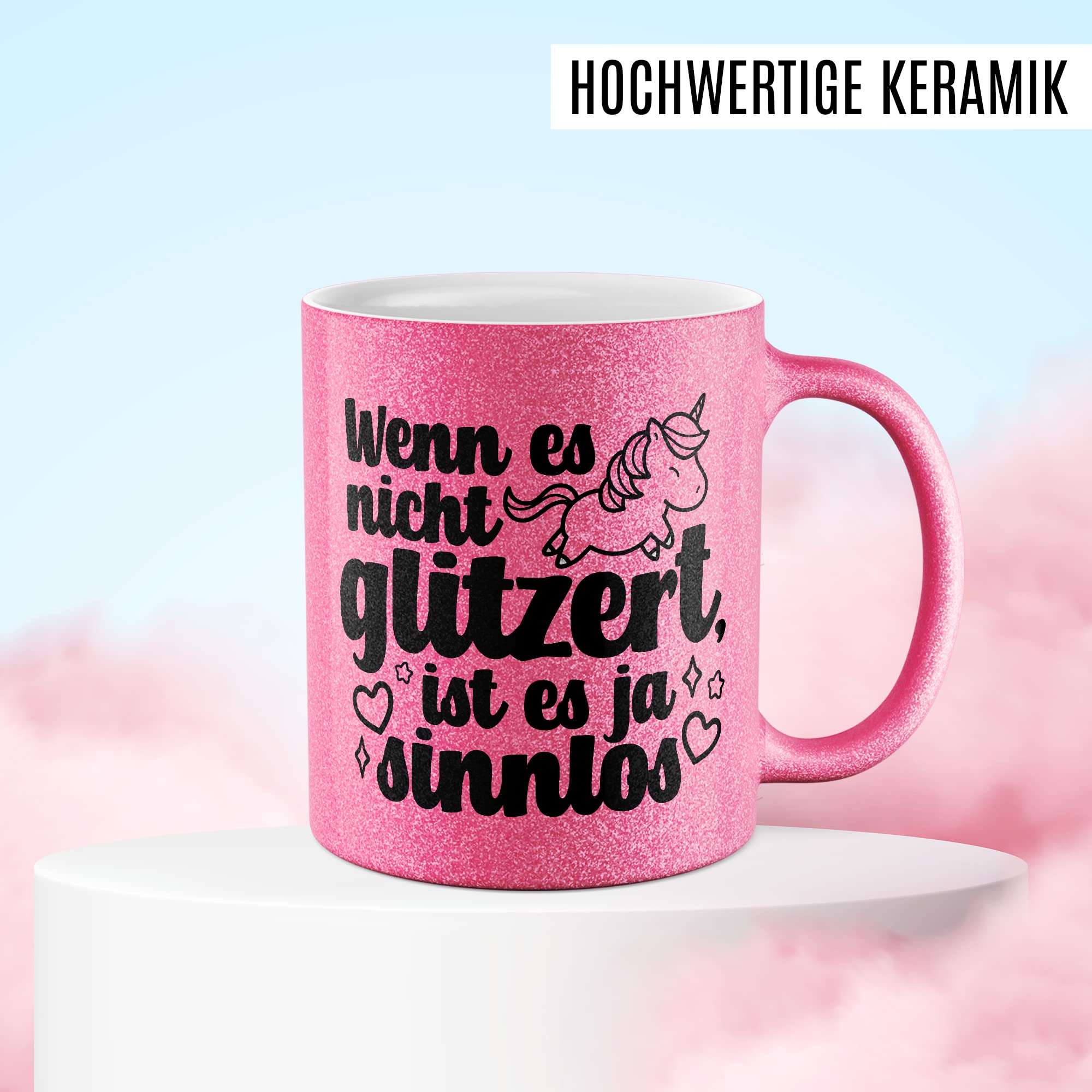 Lustige Glitzer Tasse „Ich Steh Mit Beiden Beinen Fest Im Glitzer“ – Geschenk Für Mama, Oma, Freundin Oder Kollegin