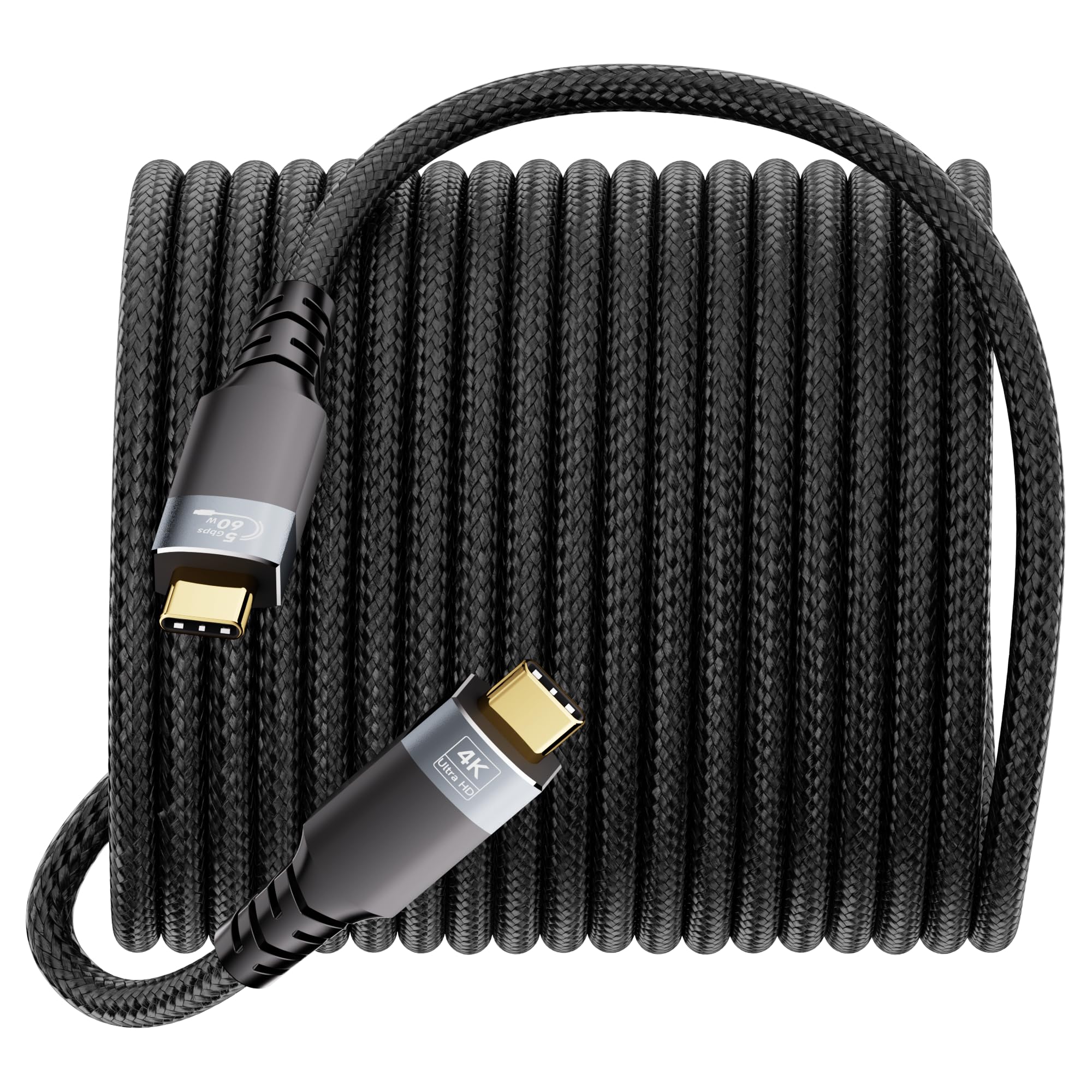 Cable Tipo C de 7 m trenzado de nailon con conectores chapados en oro. Transferencia datos 5Gbps,carga rápida PD 3.1 hasta 60W y salida vídeo 4K@120Hz,compatible con docks, SSD y monitores.