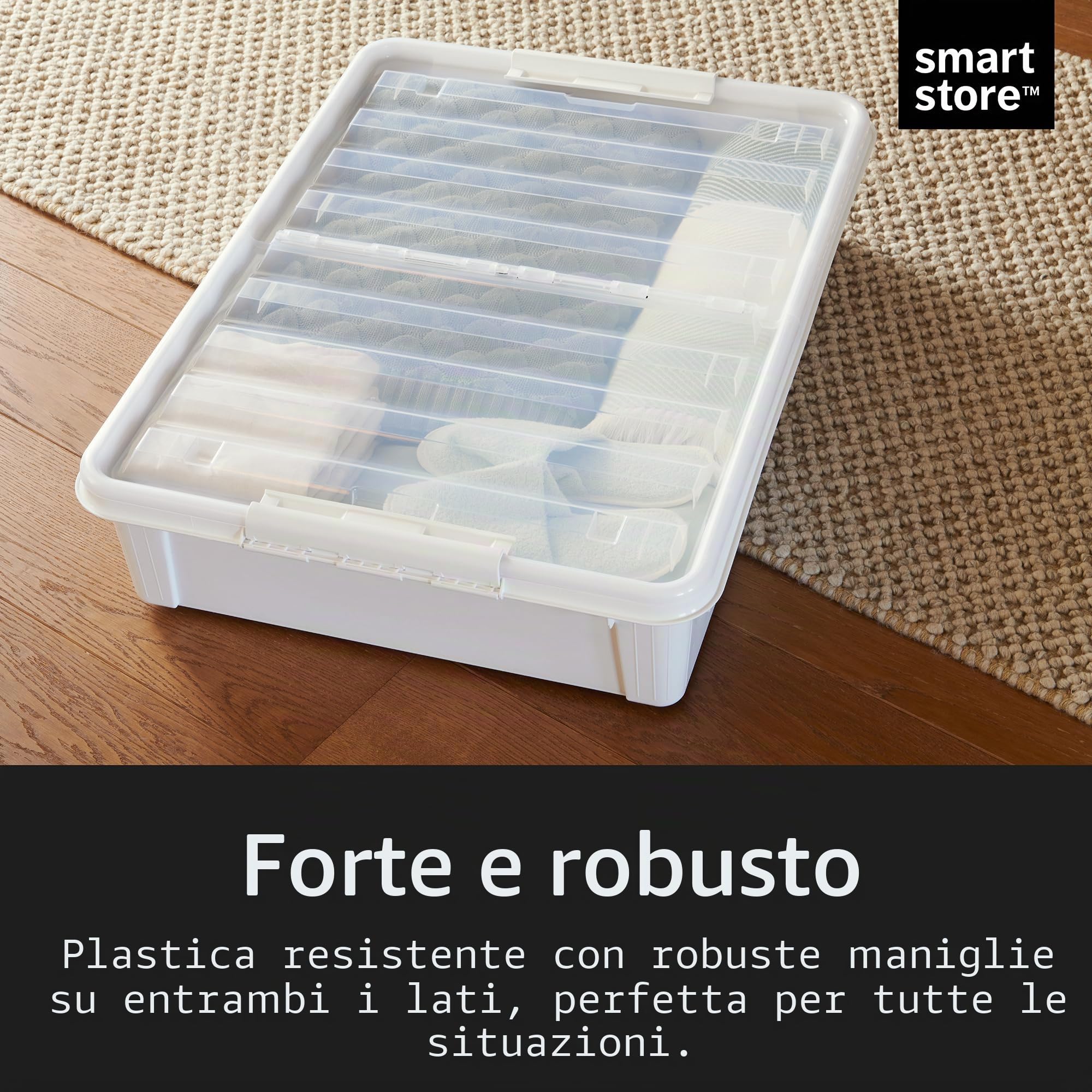 SmartStore Grande scatola portaoggetti da mettere sotto il letto, con coperchio e ruote, 60 l, coperchio pieghevole trasparente, clip resistenti, in plastica riciclata, 79 x 59 x 18,5 cm