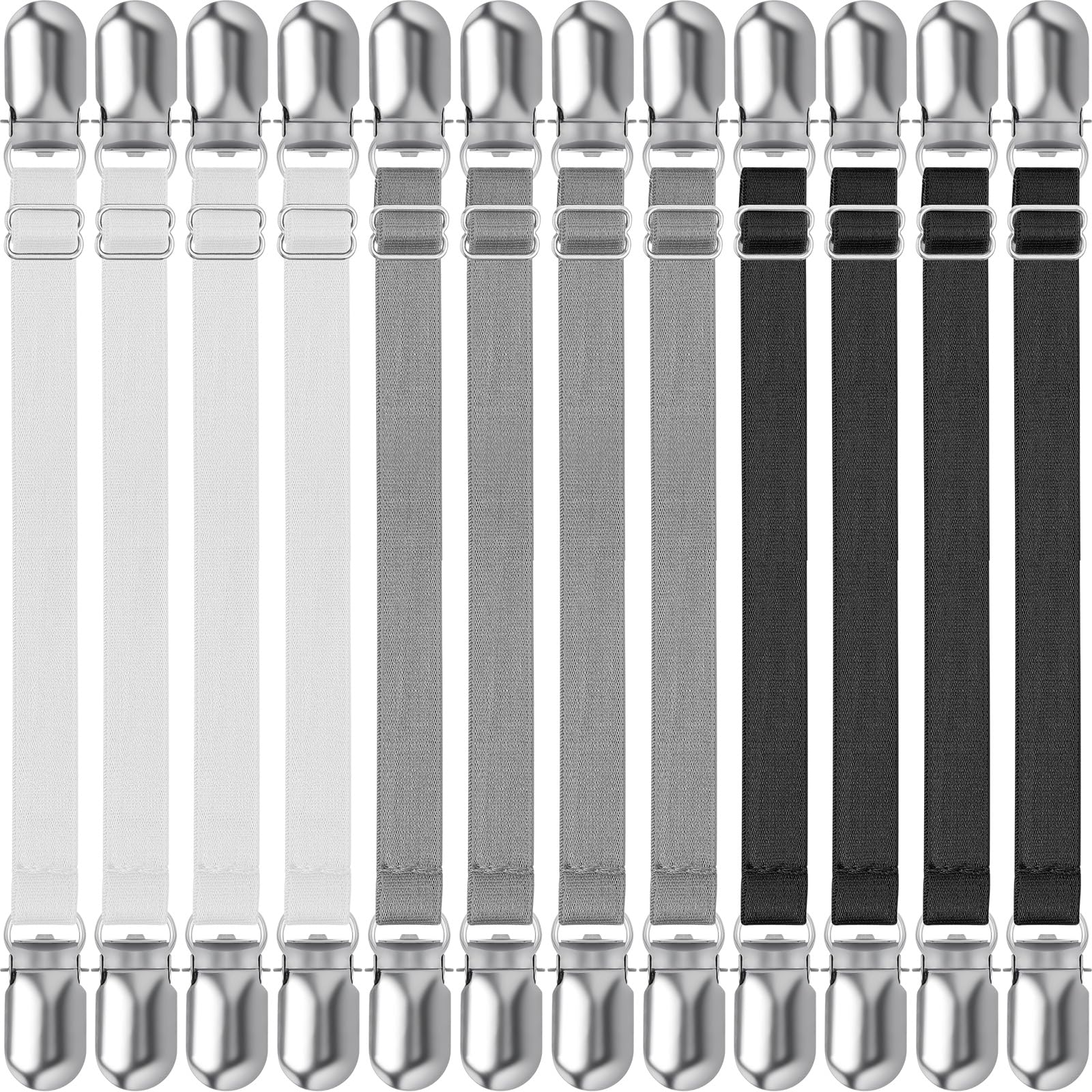 Boao 12 Pcs Bedsheet Strap Elastic Clip, Black Gray White, 8-12 Inch Length