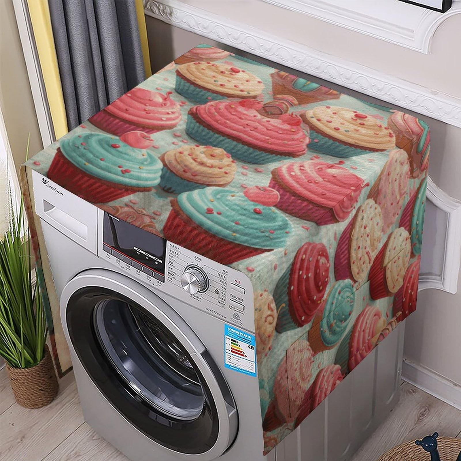 Fodpand White Washing Machine Cover For Top Load Dustproof Colorful Cupcake Donuts Washer And Dryer Cover With Storage Pockets Household Appliance Covers Washable Top Protector Mat Pad For Laundry & Kitchen