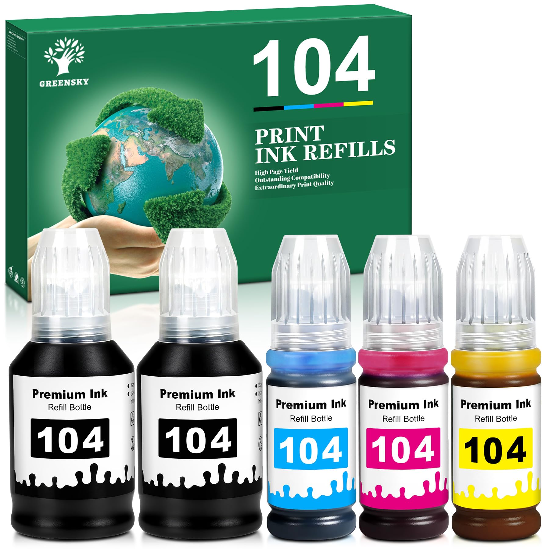 GREENSKY 104 Tintenflaschen Kompatibel mit Epson 104 Tinte Multipack | für Epson EcoTank ET-2870 ET-4800 ET-2876 ET-2862 ET-2861 ET-2820 ET-2810 ET-2826 ET-2856 ET-2875 ET-4810 ET-2811 (5er-Pack)
