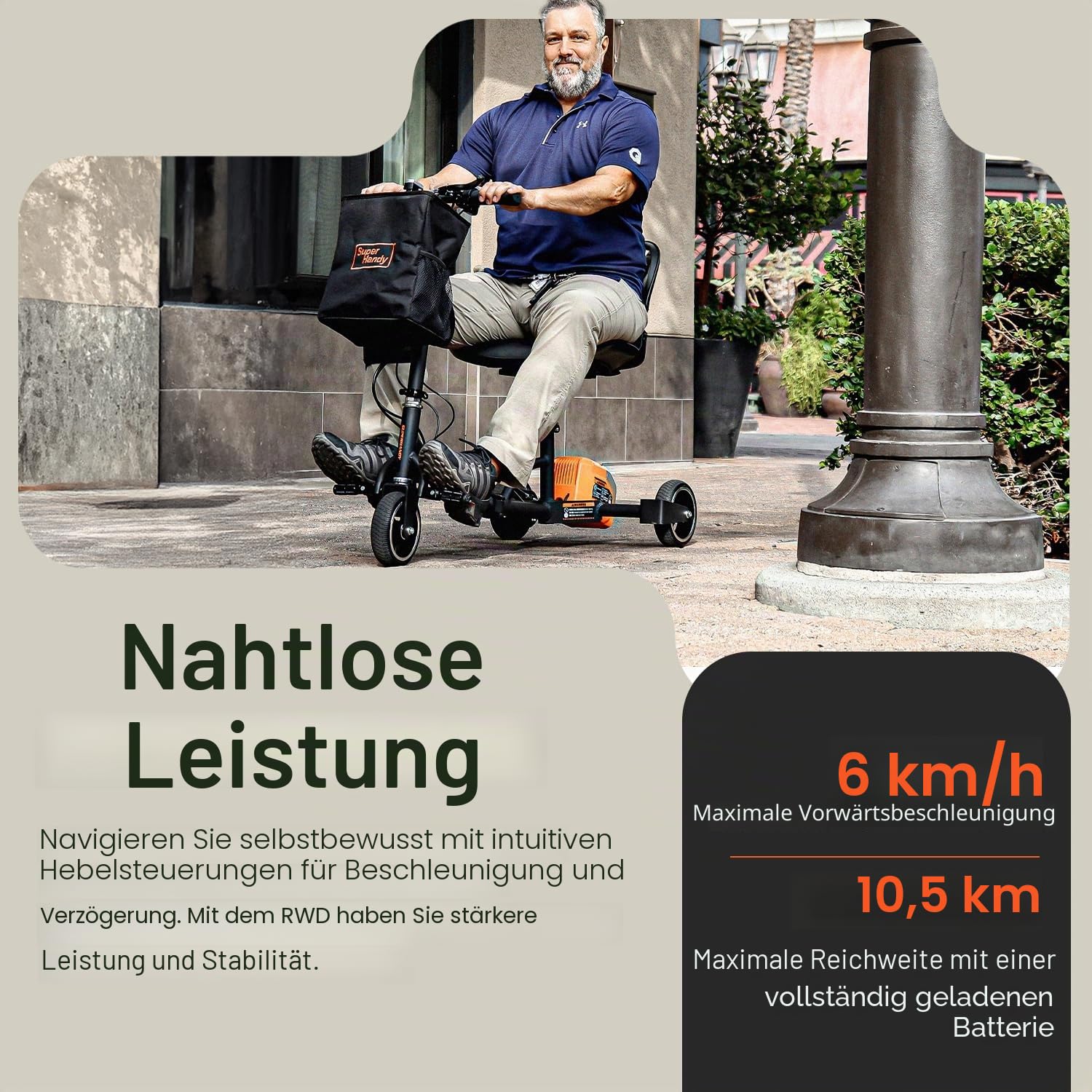 SuperHandy Faltbarer 3-Rad-Mobilitätsroller, 125 kg Tragkraft, 48-V-Akku | Faltbare Bauweise für Alltag, Reise und Einkauf; zwei abnehmbare Akkus ermöglichen längere Fahrten