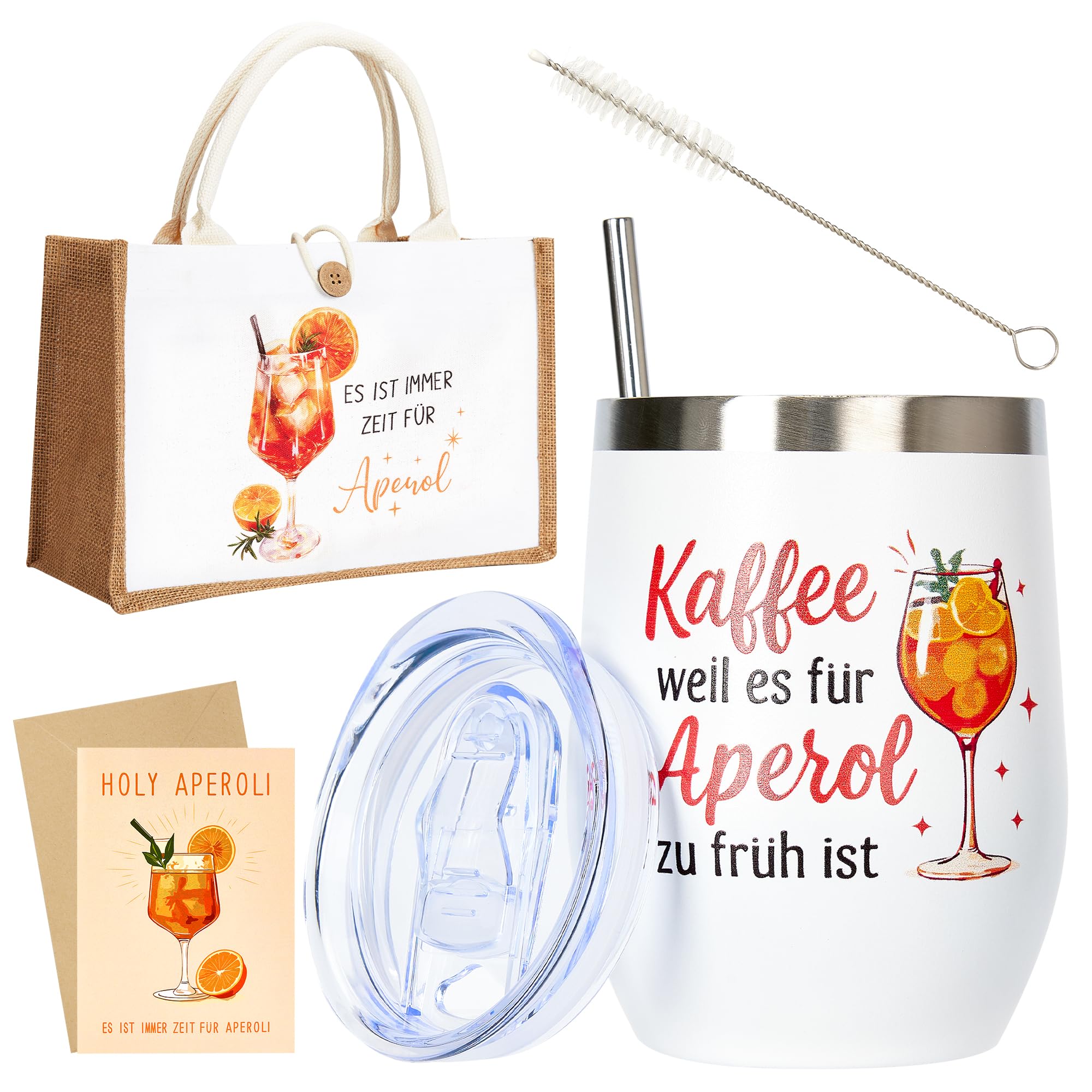 3-teiliges Spritz-Geschenkset für Apéro– Edelstahl Weinbecher 350 ml mit Deckel & Strohhalm, XXL Jute Strand-/Geschenktasche 32×22×13 cm, Premium Geburtstagskarte – Sommer, Party, Freundin, Damen