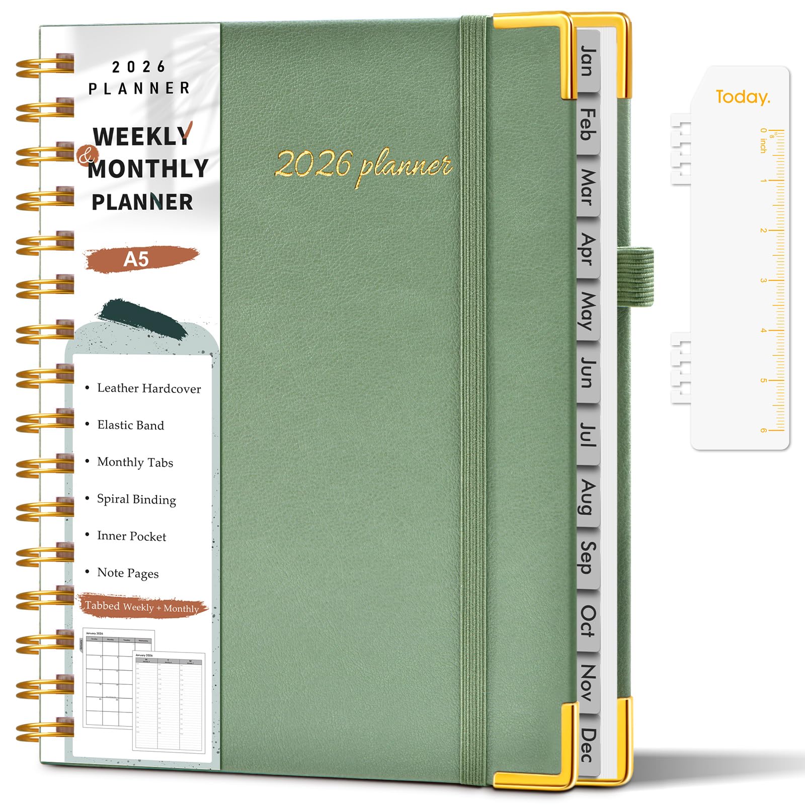 A5 Planner 2026, Weekly and Monthly Planner from January 2026 - December 2026, 5.75" x 8.38" Hardcover Leather Hourly Appointment Book 2026 with Tabs, Spiral Daily Planners for School Work Home, Green-image-20