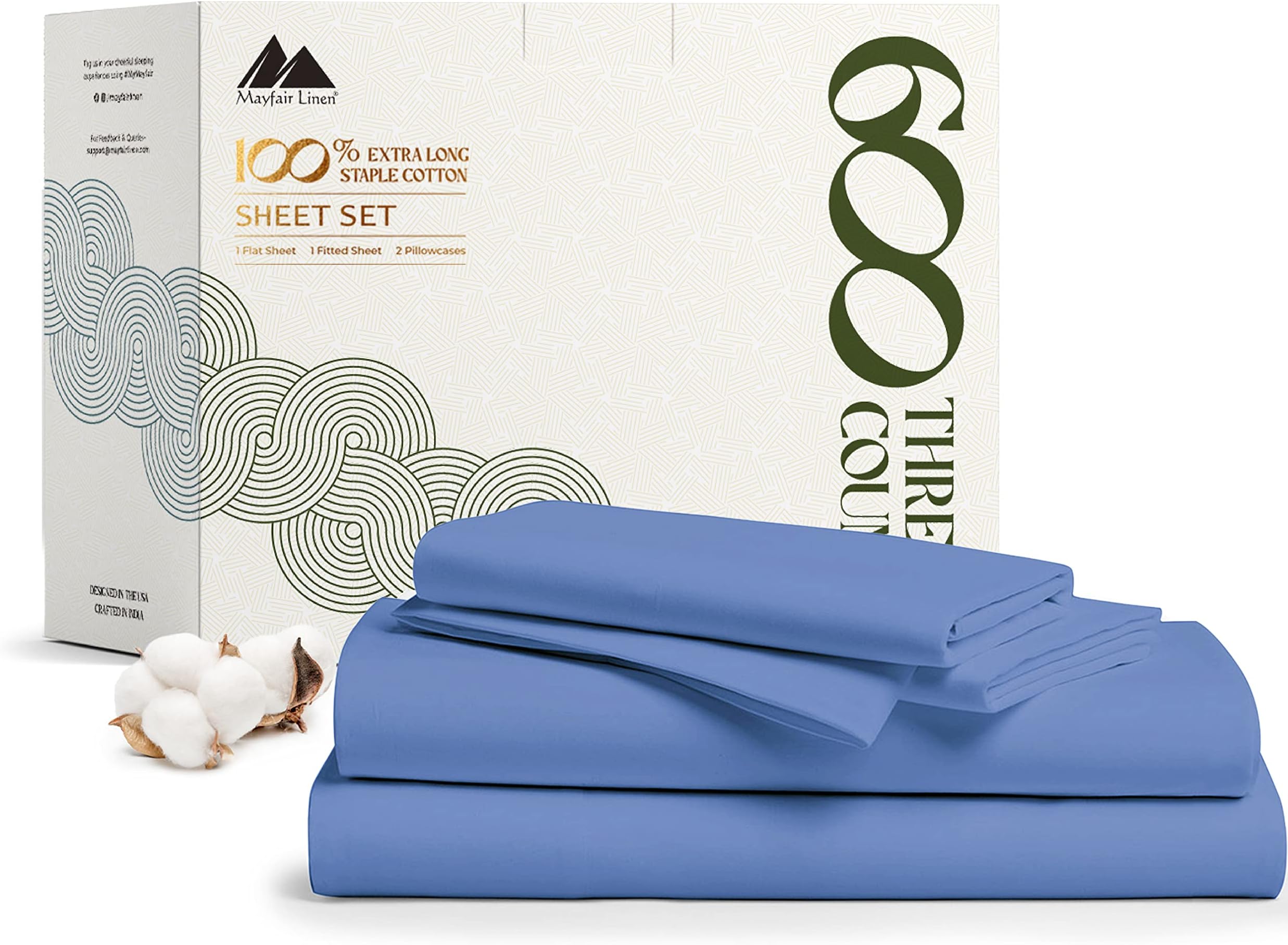 Mayfair Linen 100% Egyptian Cotton Sheets Full Size Bed Set - 4 PC 600 Thread Count Full Sheets Set Egyptian Cotton (Deep Blue), Extra Soft, Cooling, 16" Deep Pocket Sateen Weave Luxury Hotel Bedsheet