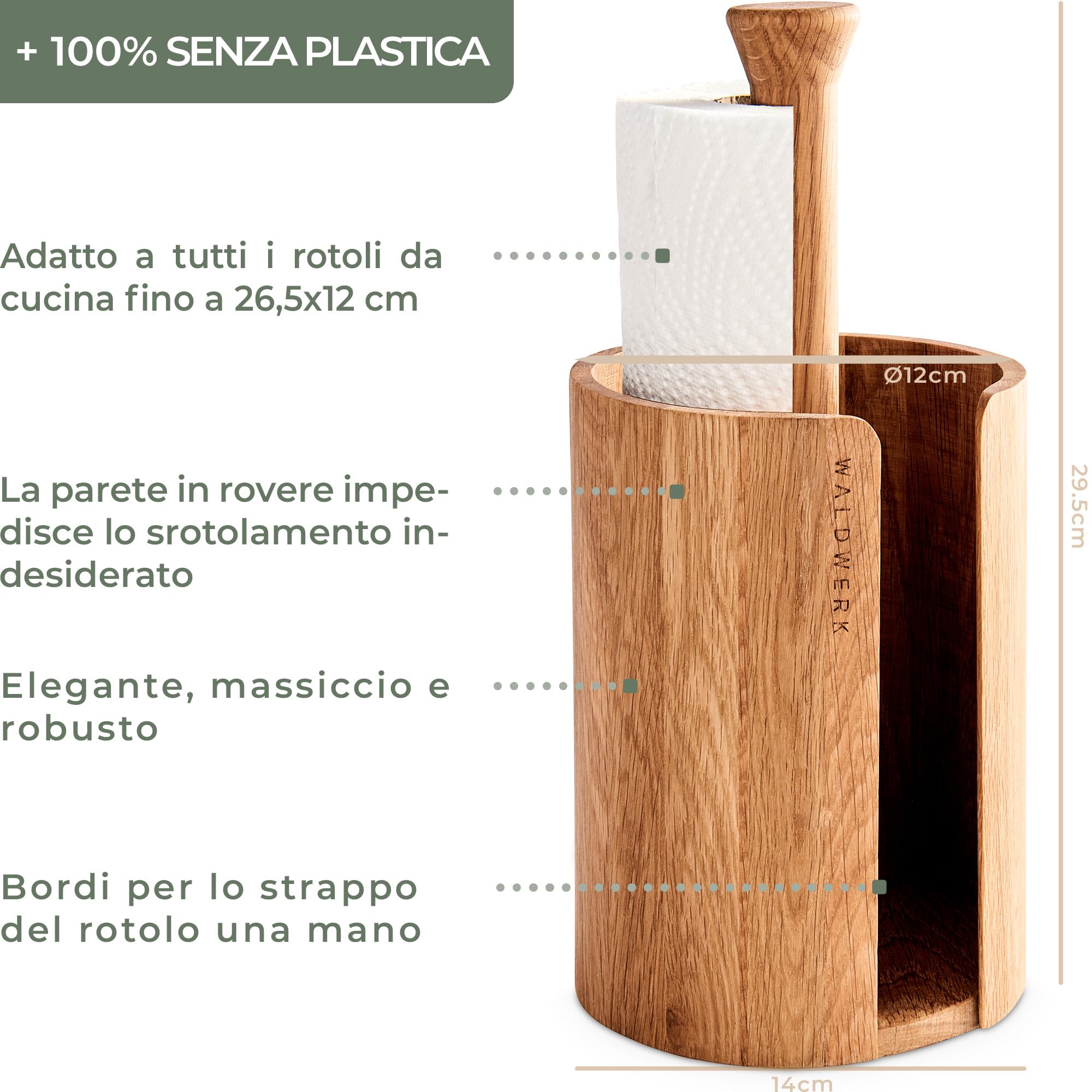 WALDWERK Porta Rotolo da Cucina Design – Portarotolo da cucina in vero legno di quercia – Porta Cucina verticale adatto a tutti i rotoli standard – Porta carta da cucina senza plastica