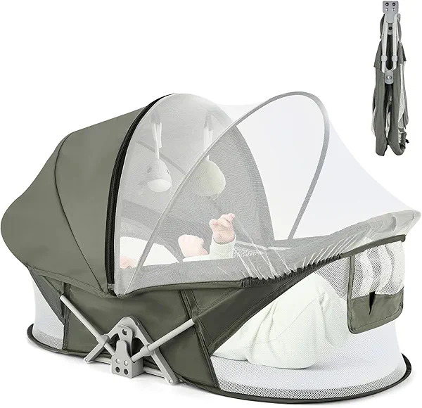 ISELECTOR Portable Baby Bassinet Travel Baby Bed, Baby Cribs Travel Pod for Outdoors Baby Lounger Infant Travel Bed with Mosquito Net and Sunshade Canopy, Lightweight Washable