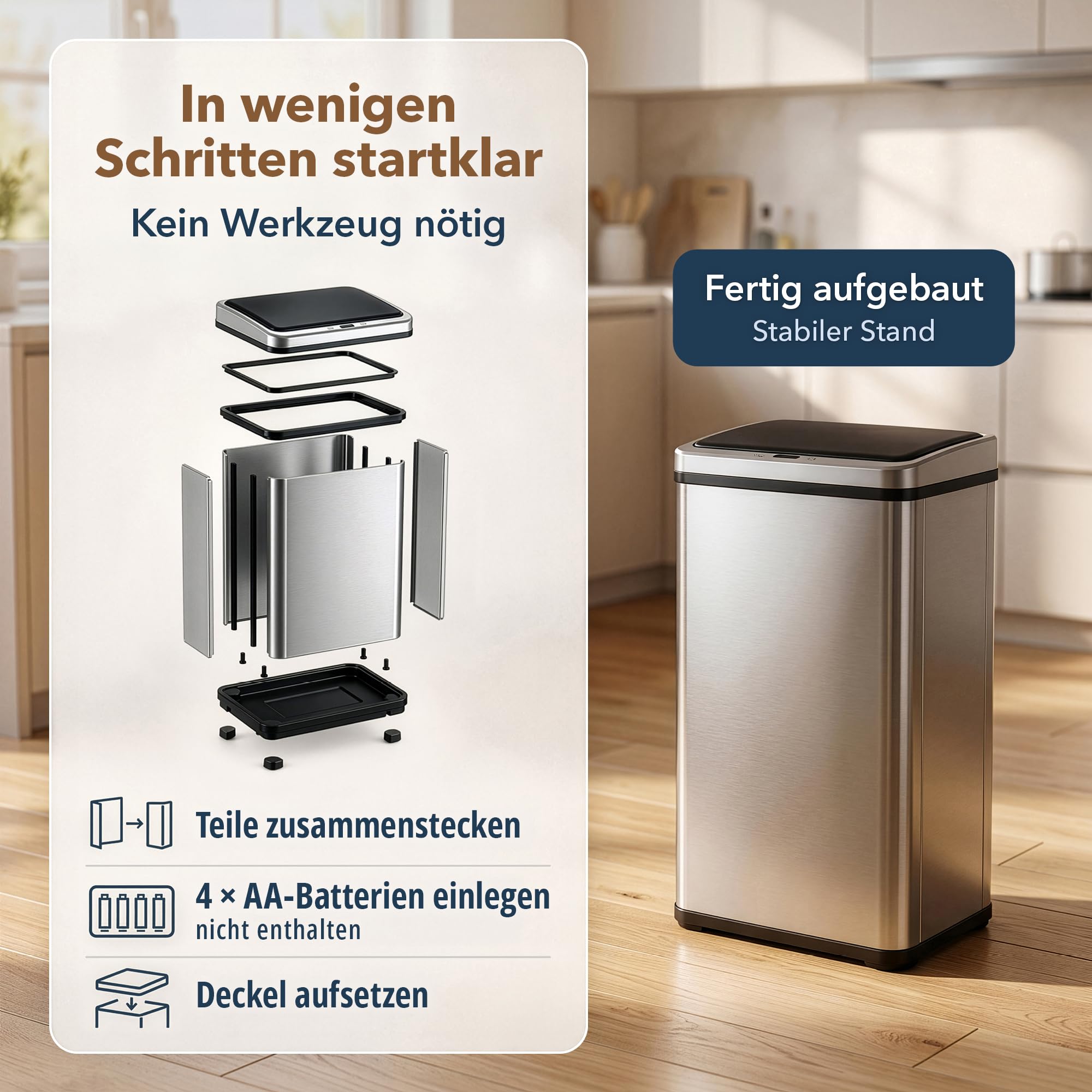 ledscom.de 2x SORTA Sensor Mülleimer 50L, Edelstahl Abfalleimer | automatischer Bewegungssensor, Touch-Bedienung, Soft-Close, 4x AA Batterie, 35,5 x 26 x 67 cm, Silber/Schwarz