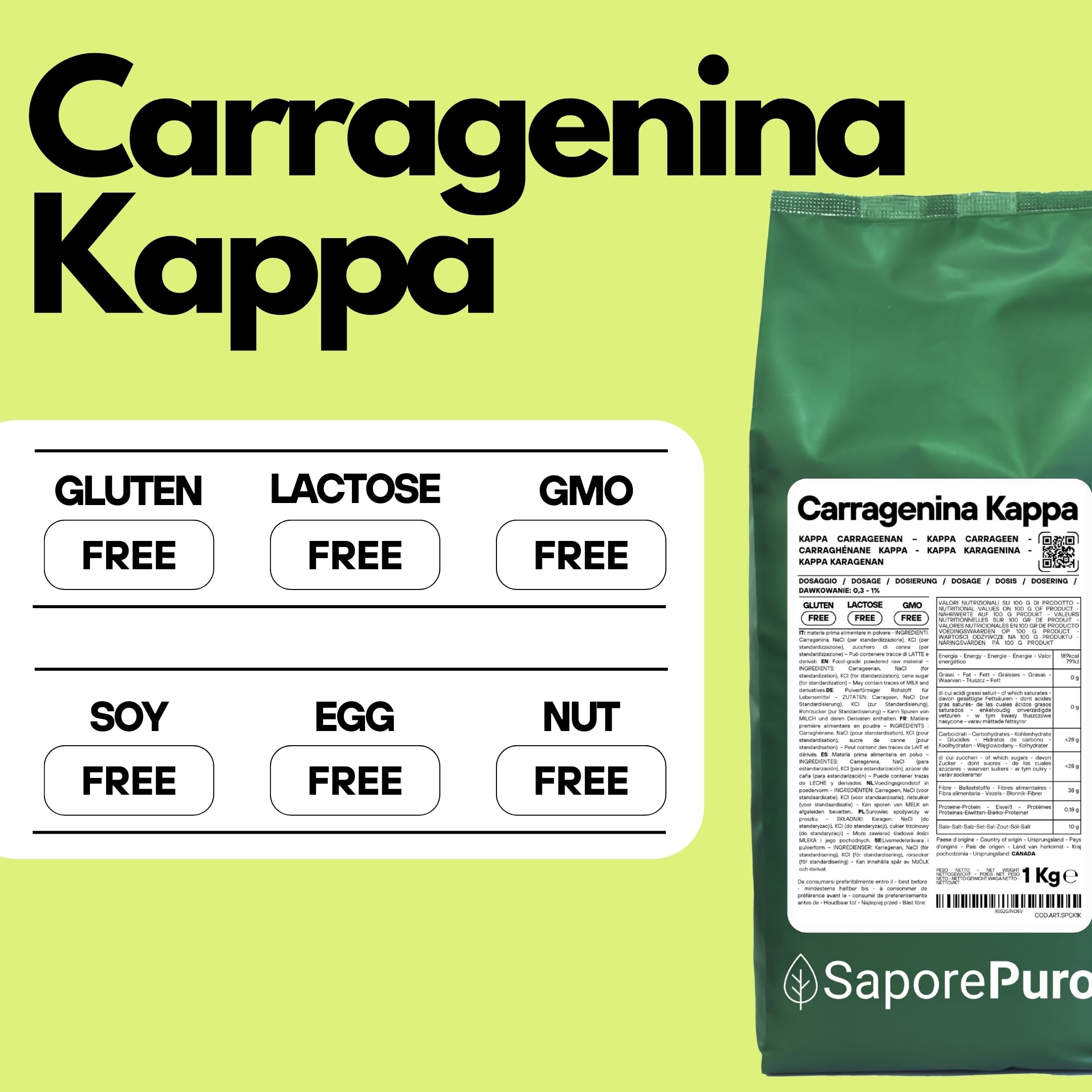 SaporePuro Carragenina Kappa in Polvere 1000 g – Senza Glutine – Gelificante e Stabilizzante per Preparazioni Salate, Carni, Gelatine e Dessert