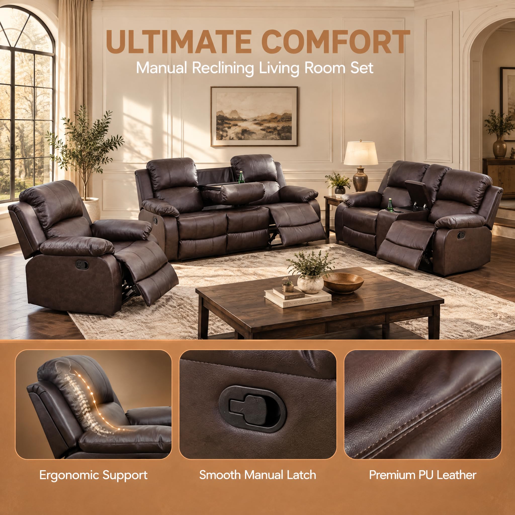 Toseslo Manual Reclining Couch Sofa Set with Drop-Down Table, 3 Pieces Brown Leather Recliner Couch Sets, Living Room Furniture Sets, Recliner Sofa with Storage Console/Cup Holder for Home/Apartment view 6
