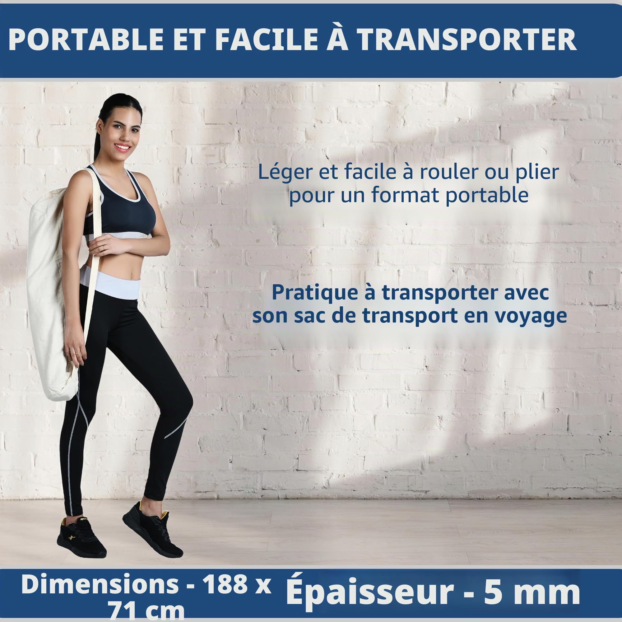 Tapis de yoga 100 % coton bio antidérapant : écologique, tissé à la main et extra long (71,1 x 188,8 cm) pour un confort et une stabilité ultimes avec sac de transport en coton