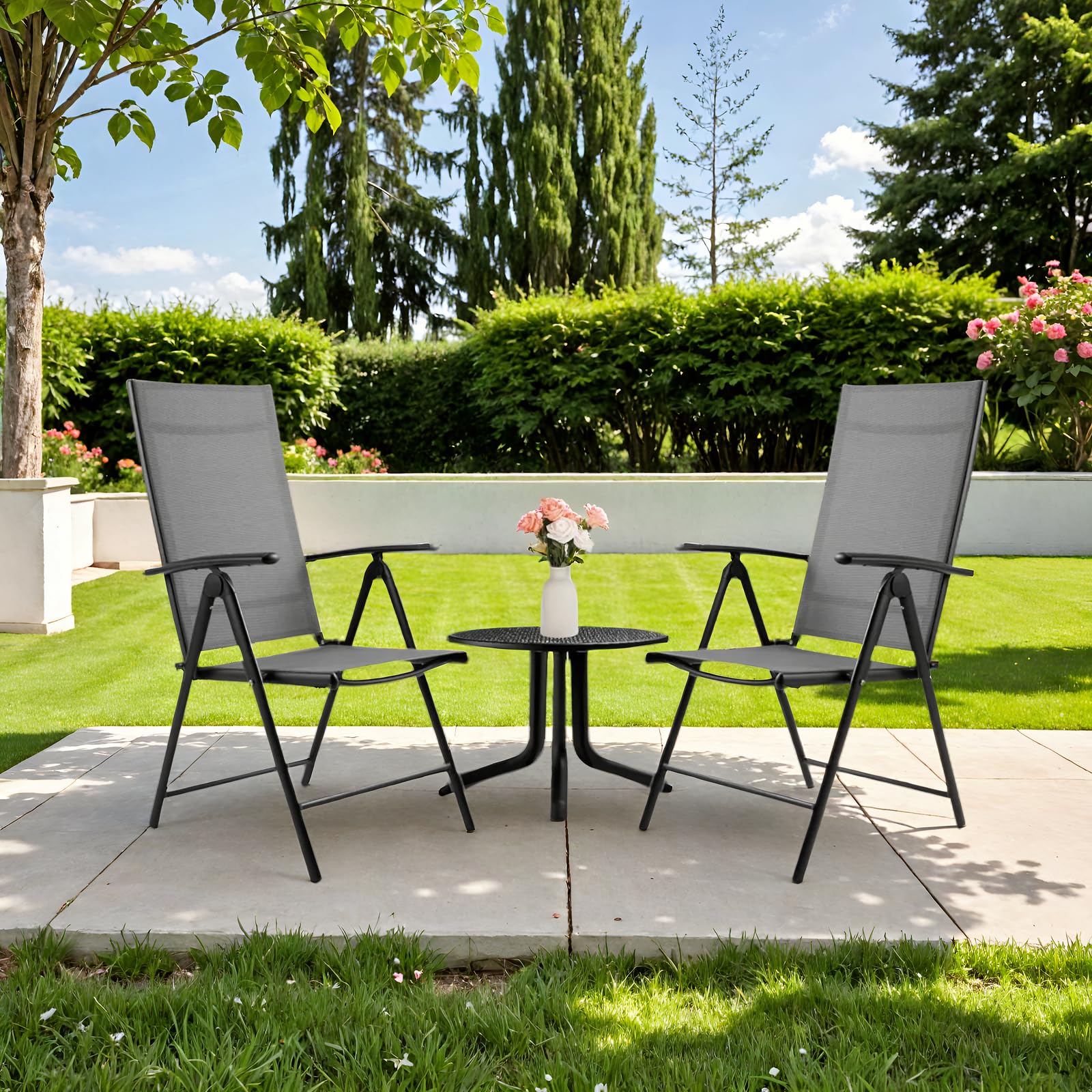 Clevich Gartenstühle Alu 2er Set, Hochlehner Klappbar mit 7-Fach Verstellbar Rückenlehne, bis 120kg, Dunkelgrau