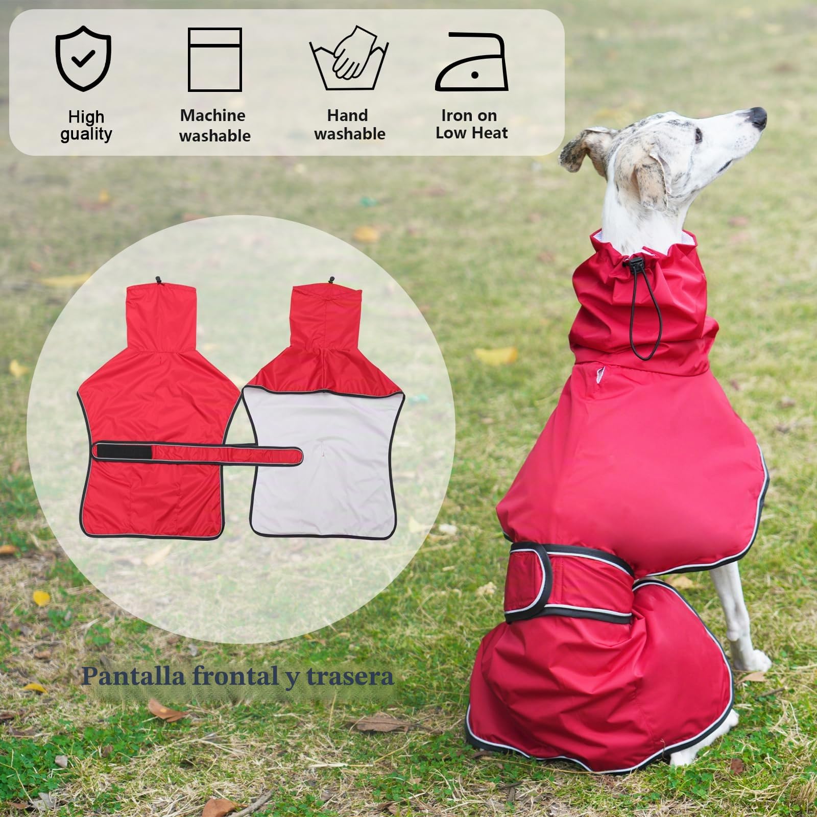Chubasquero Ligero para Perros,con Correas Reflectantes y Agujero para el arnés, Pull-Over/Chaqueta Galgos, Lurcher y Whippet,para Perros Medianos y Grandes-Rojo-M