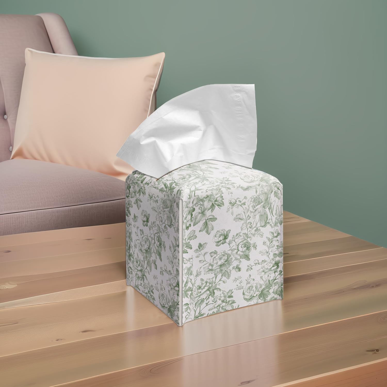 Green Leaf Floral PU Leather Tissue Box Cover 5.2 Inch