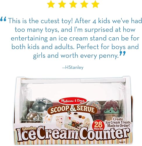 Miniatura 7 de Melissa & Doug - Encimera de helados de madera con cuchara para servir, juego de tienda de simulación, 28 accesorios de comida y cocina de juguete