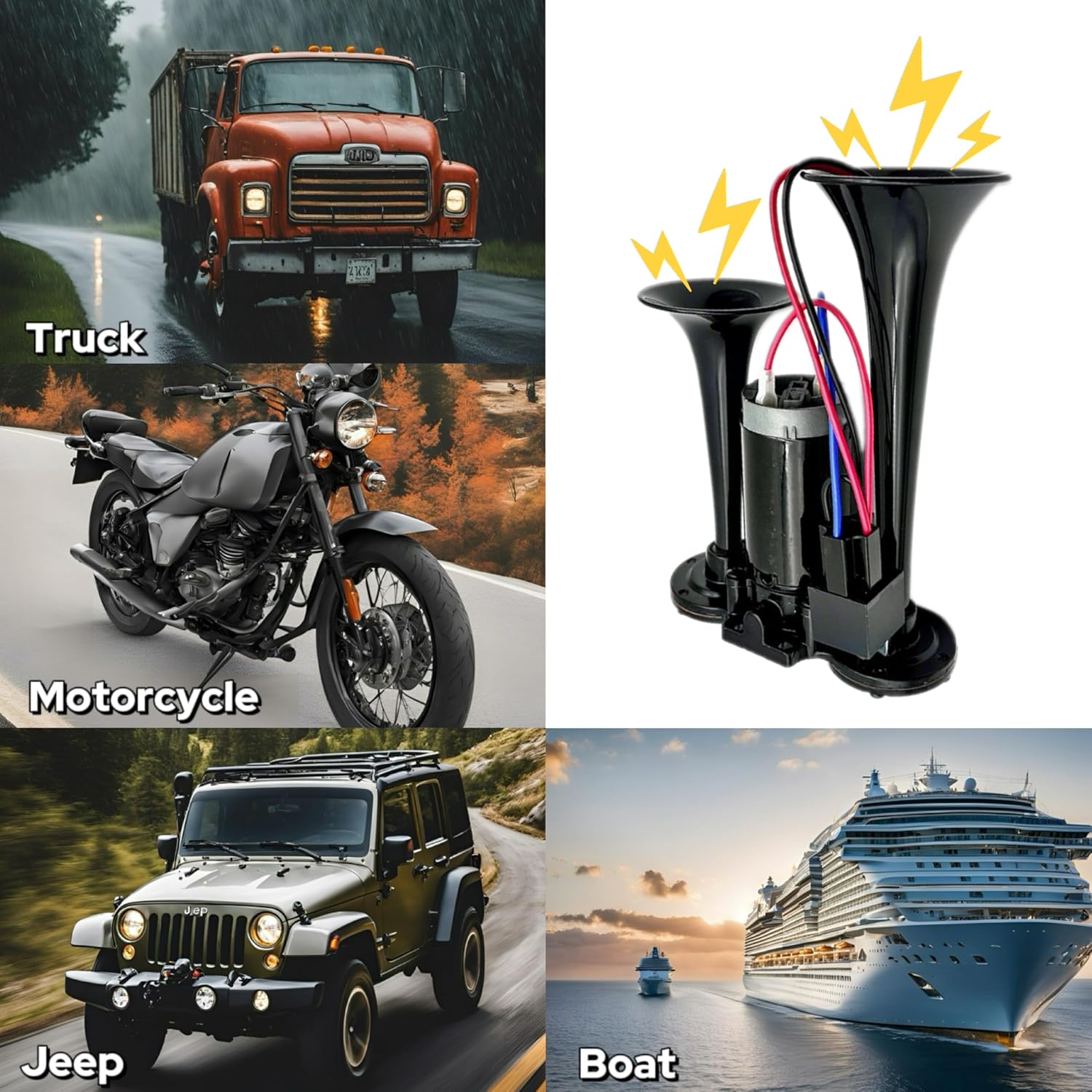 12V 600DB Car Air Horn, Super Loud Air Horn for Truck, Dual Electric Air Horns Kit for Vehicles- With Compressor, Applicable for Cars, SUVs, Motorcycles, Tractors (Black)