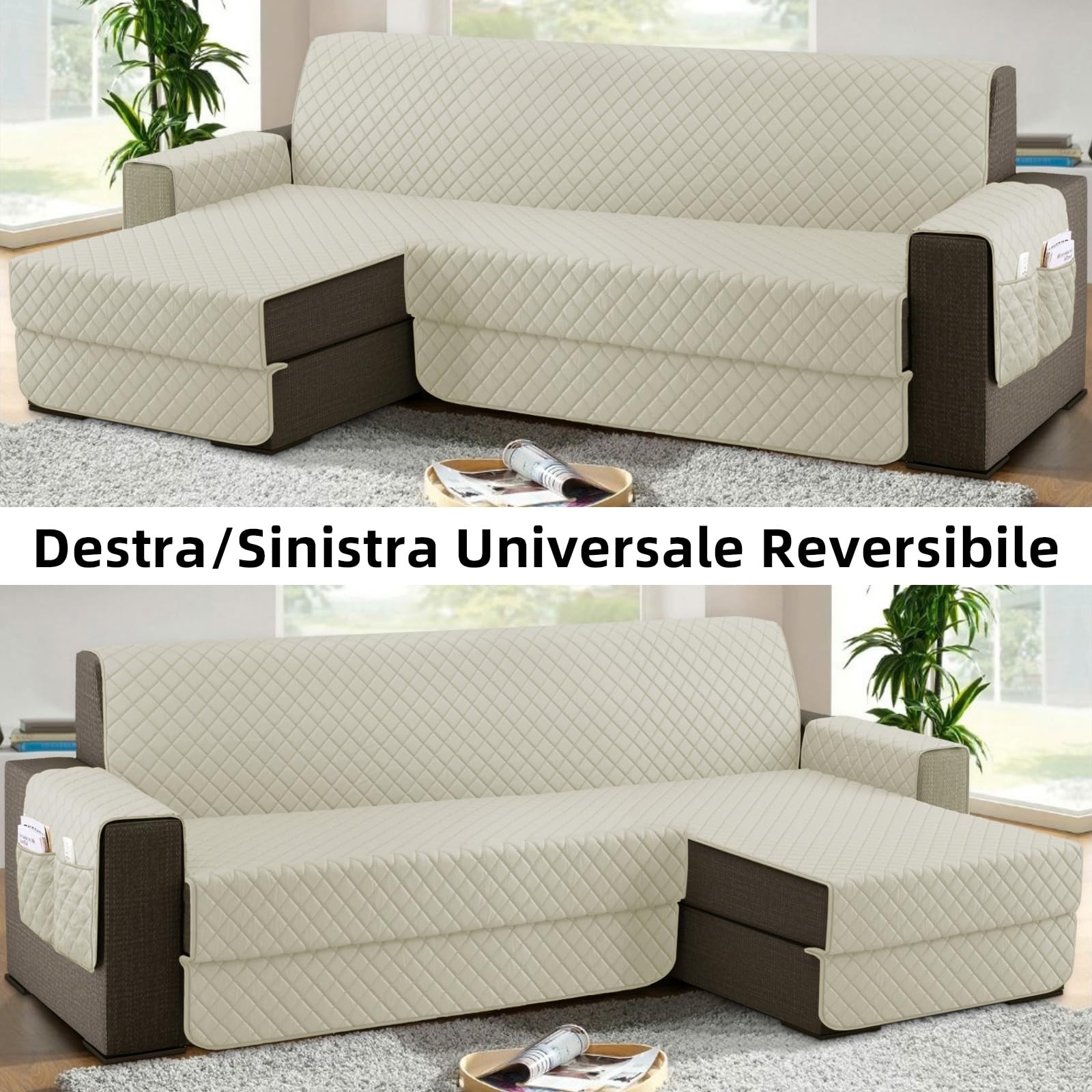 Copridivano 3 Posti con Penisola (L 250 CM), Copridivano Penisola Destra/Sinistra Universale Reversibile, Copridivano Impermeabile Antigraffio Indispensabile per Animali Domestici - Bianco Crema