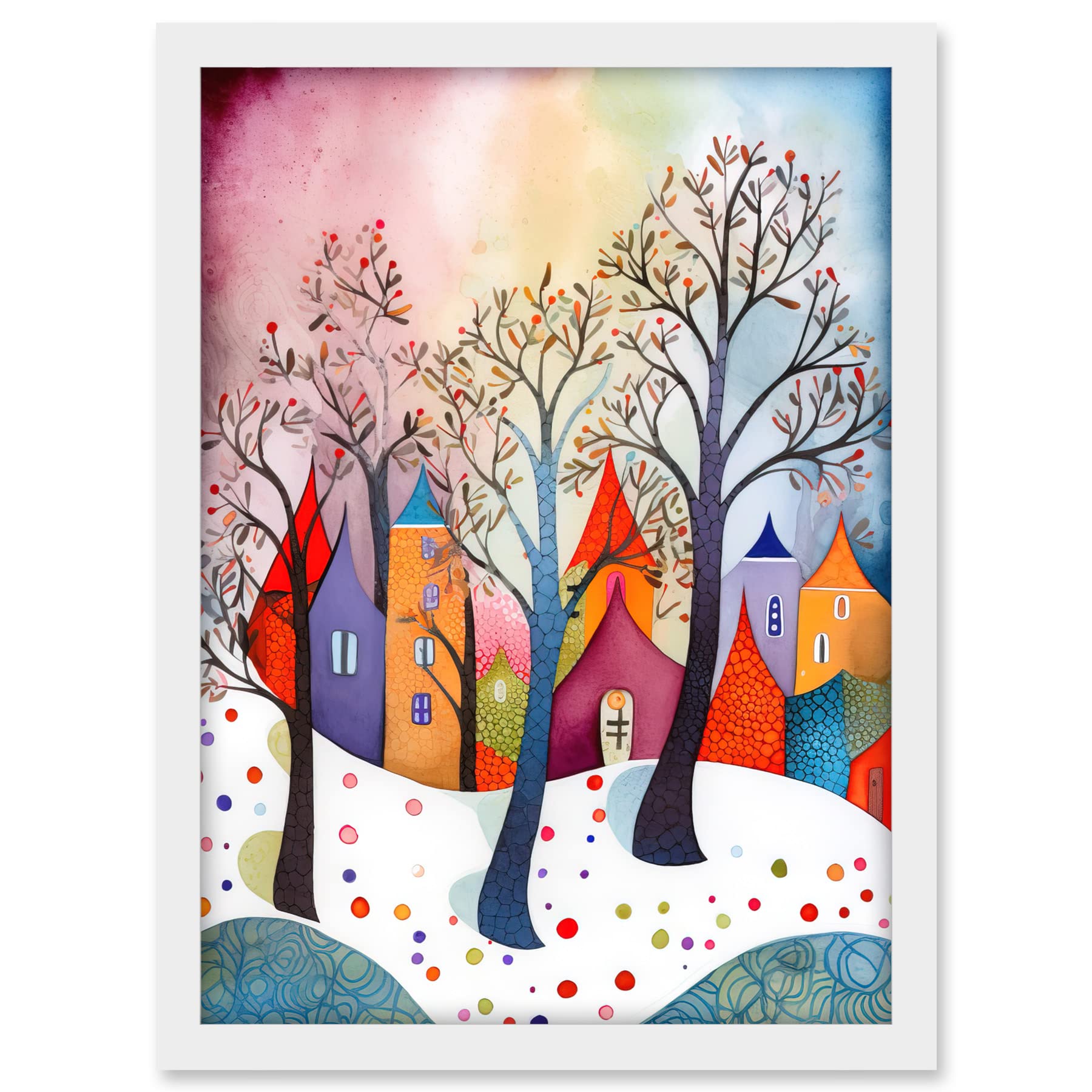 Artery8 Winter Whimsy Forest Village Folk Art Artwork Framed A3 Wall Art Print