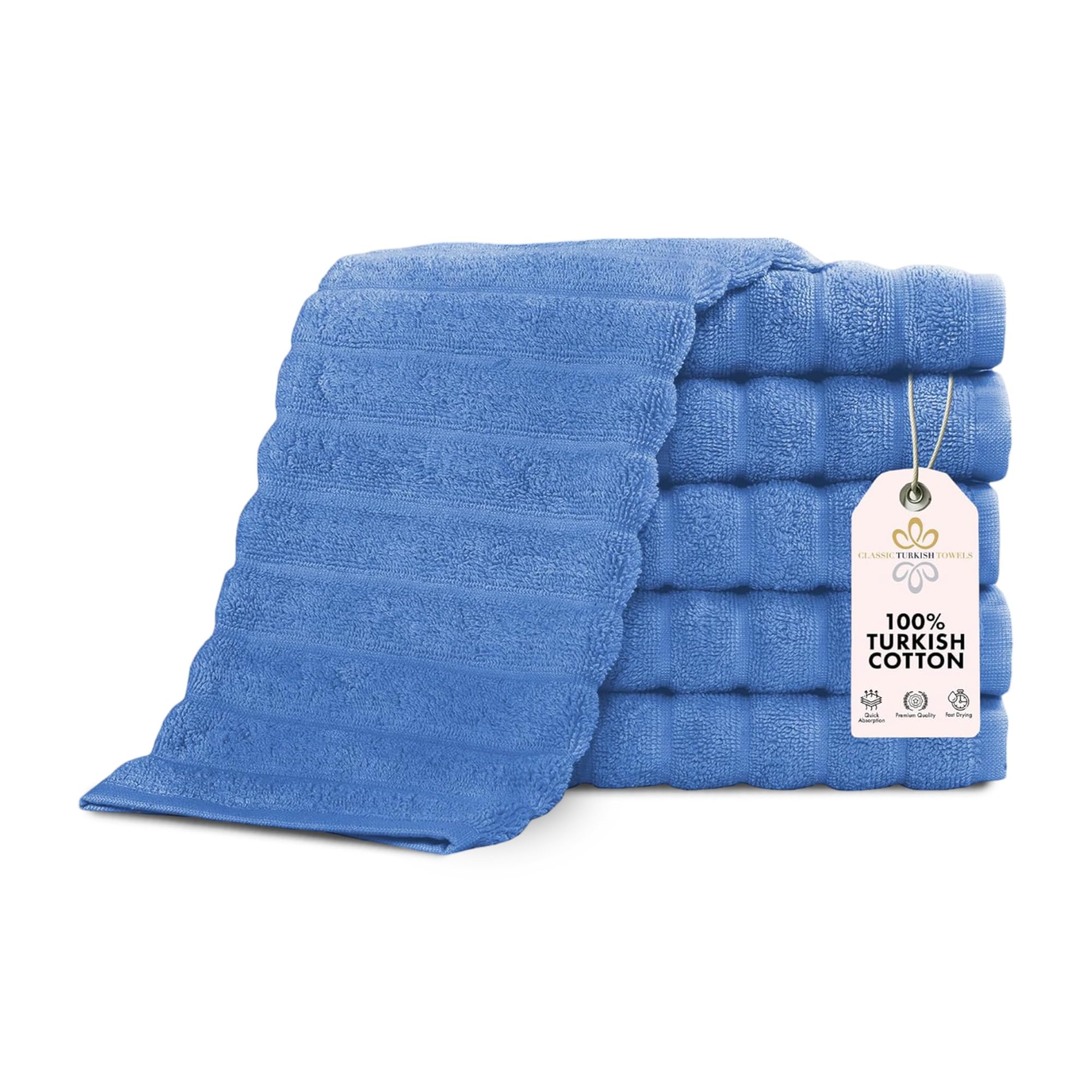 Classic Turkish Towels CTT Luxurious 100% Turkish Cotton Washcloths 6 Pack, Highly Absorbent & Quick Dry, Face Towels Wash Cloths for Hotel, Spa & Gym | 13"x13" (Blue)