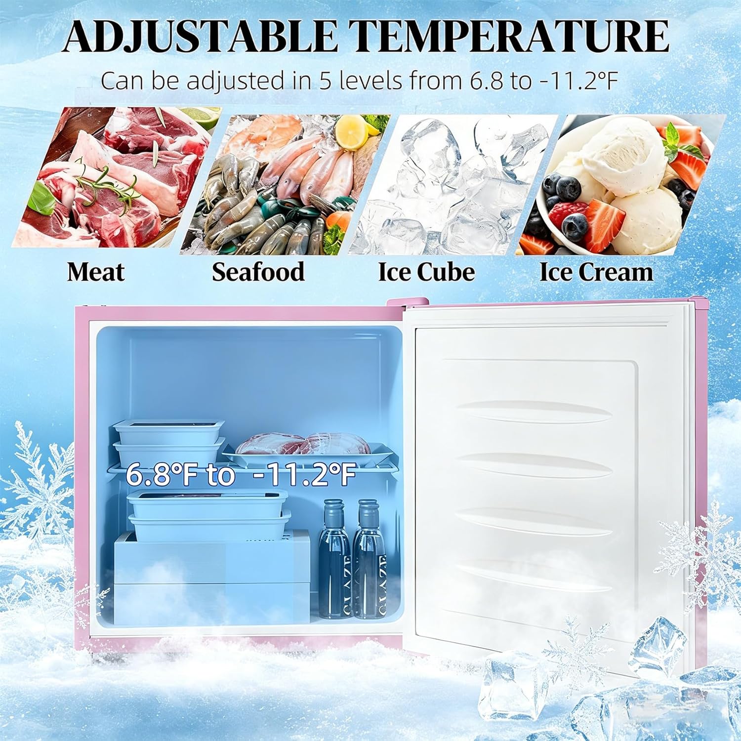 Small Corner Freezer, 1.1 Cu.Ft Compact Upright Freezer with 5-Level Thermostat, Pink Deep Freezer for Ice Cream or Seafood, Portable Unit for Dorm Office Bedroom Apartment (Pink A)