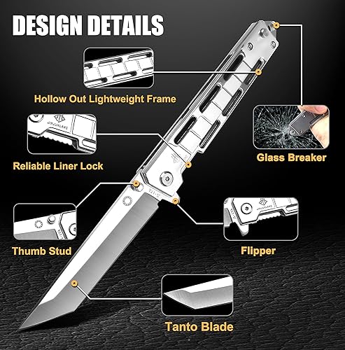 Miniatura 3 de NAXFUSS Slingshot Tanto - Cuchillo táctico plegable - Cuchillos de bolsillo EDC para campamento con clip, funda de cuero, regalos para hombres