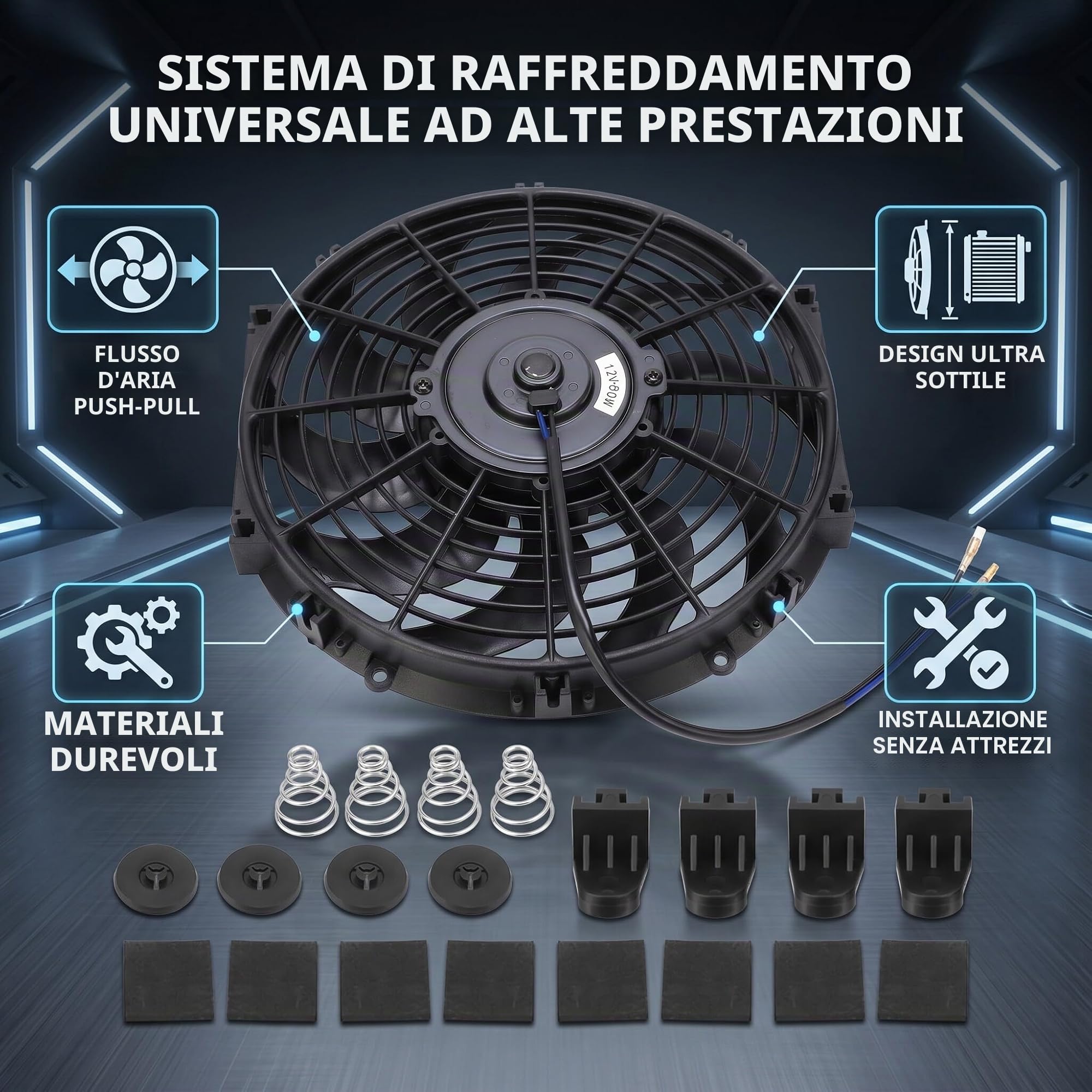 Estink Ventola Raffreddamento 12" 12V 80W | 10 lame, 12 pollici, 12V 80W, per radiatore auto