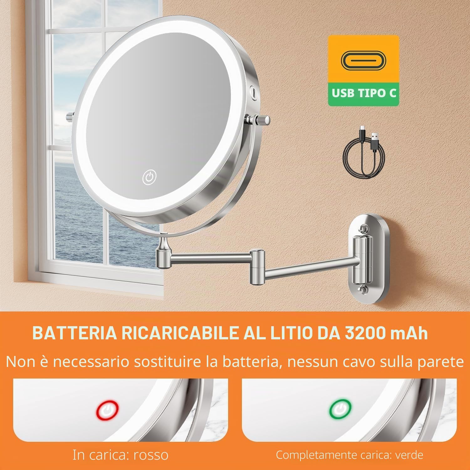 Auxmir Specchio Trucco con Ingrandimento 30X/1X, Specchio da Parete a 54 LED 3 Colori di Luce, Specchio Estensibile, Rotazione a 360°, Alimentato da Batterie Ricaricabile 3200mAh, per Bagno Hotel Spa