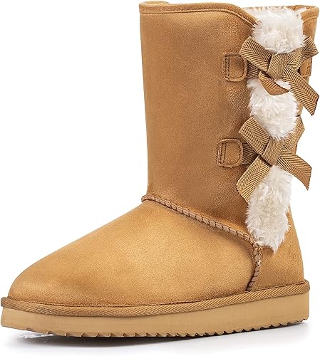 KRABOR Womens Suede Snow Boots Mid-Calf Winter Shoes with Side Bows
