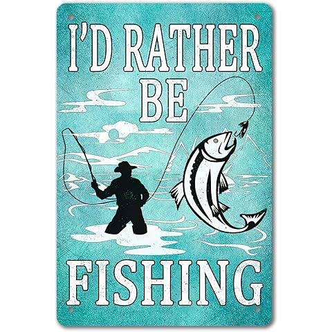 I'd Rather Be Fishing Sign - 8x12 Inch Metal Wall Decor For Man Cave, Boys Room or Hunting Room