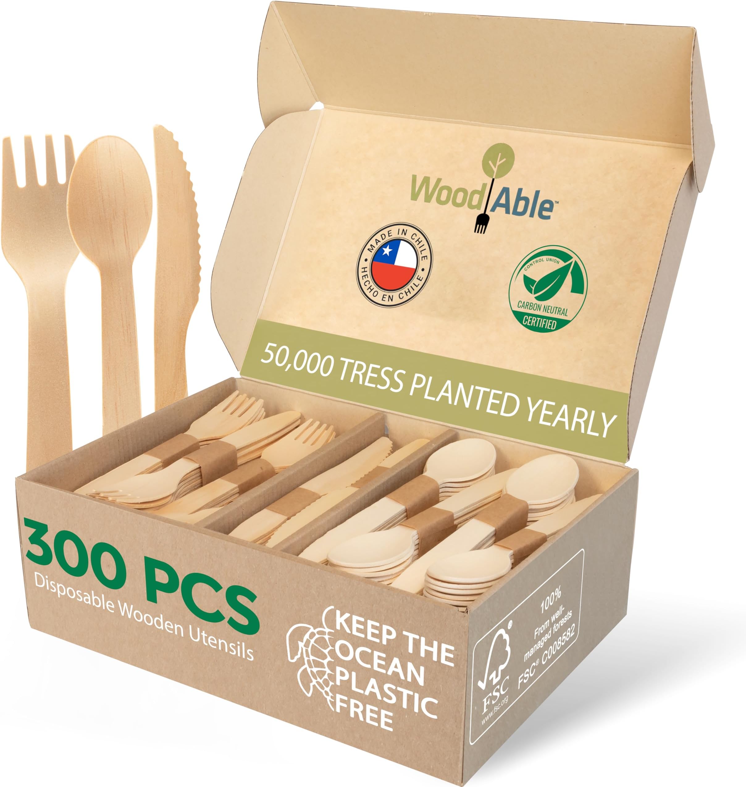 - Disposable Wooden Cutlery Set - 100% Home Compostable - 300 Mix (120 Forks, 120 Spoons and 80 Knives) 6.5", Bamboo Utensils Alternative, Eco-Friendly, Organic, Sustainable and Carbon Neutral Certified