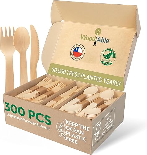 Juego de cubiertos de madera desechables  100% compostable para el hogar  Mezcla 300 (120 tenedores, 120 cucharas y 80 cuchillos) 6.5 pulgadas,